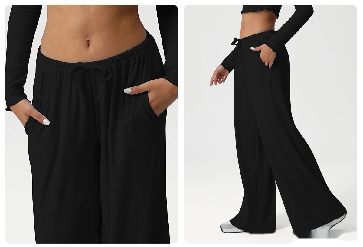 Custom wide-leg women's sweatpants loose low waist fitness pants elastic leisure yoga belt pocket detail