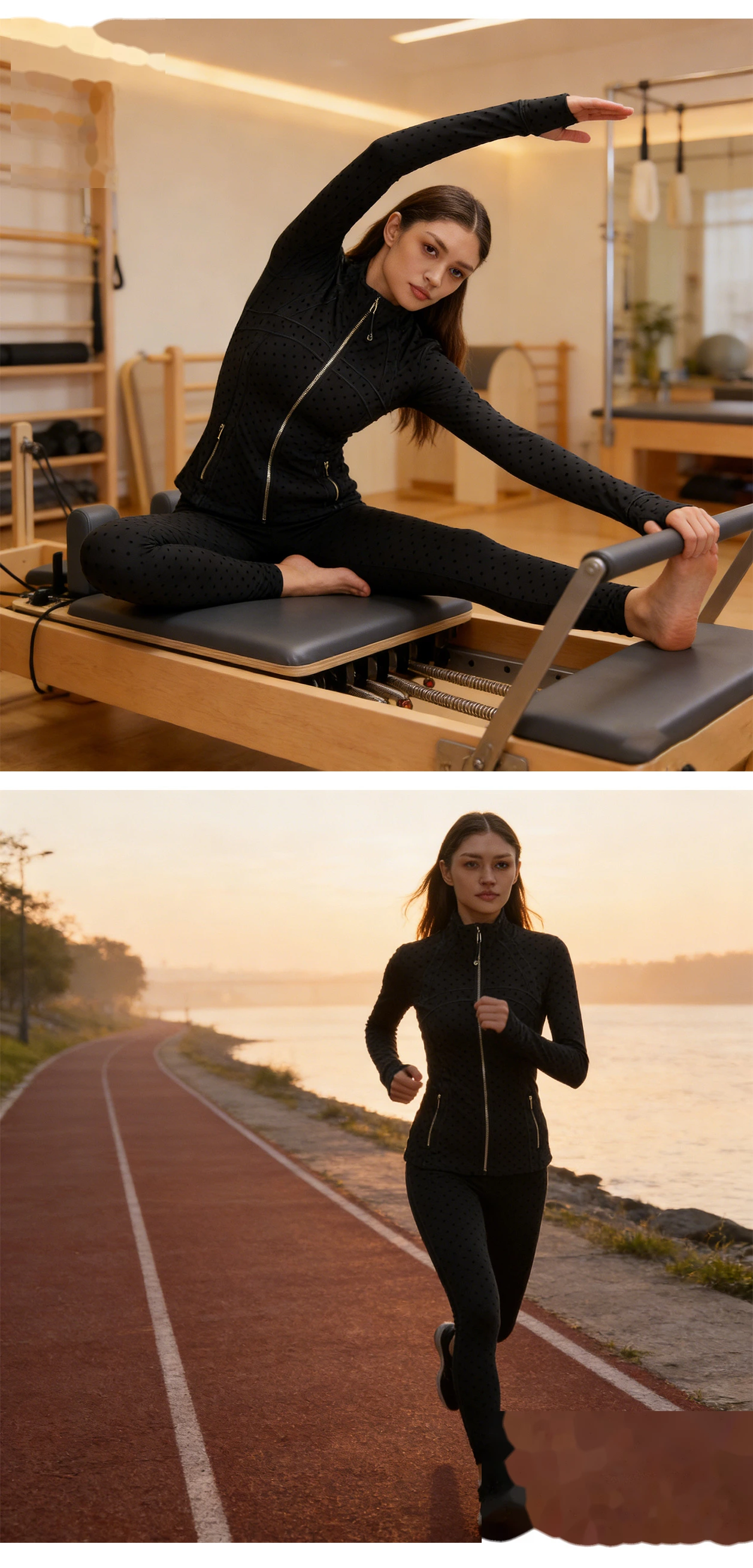 Bulk Custom Yoga Sports Set - Polka Dot Tummy Control Leggings & Slimming Stand Collar Workout Jacket detail