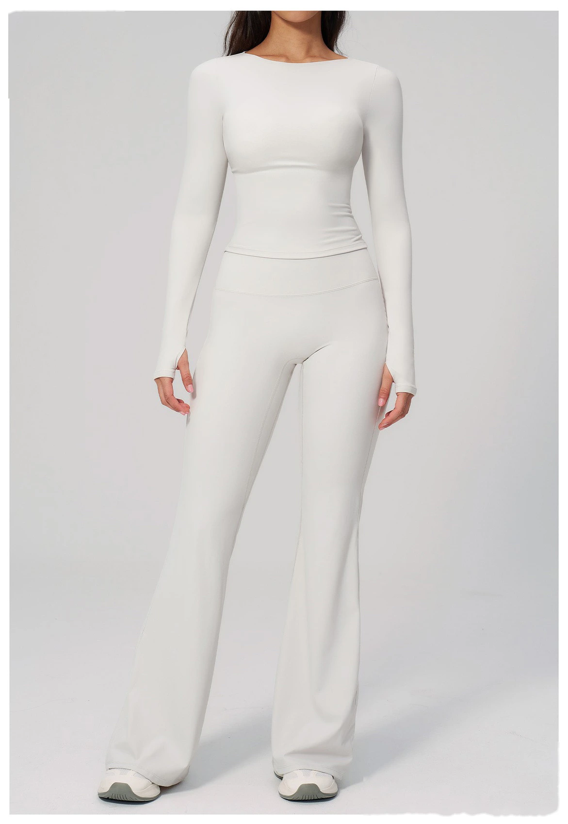 Women's Custom European Style Long Sleeve Sports Top High Waist Slim Hip Lifting Flared Pants Yoga Fitness Set detail