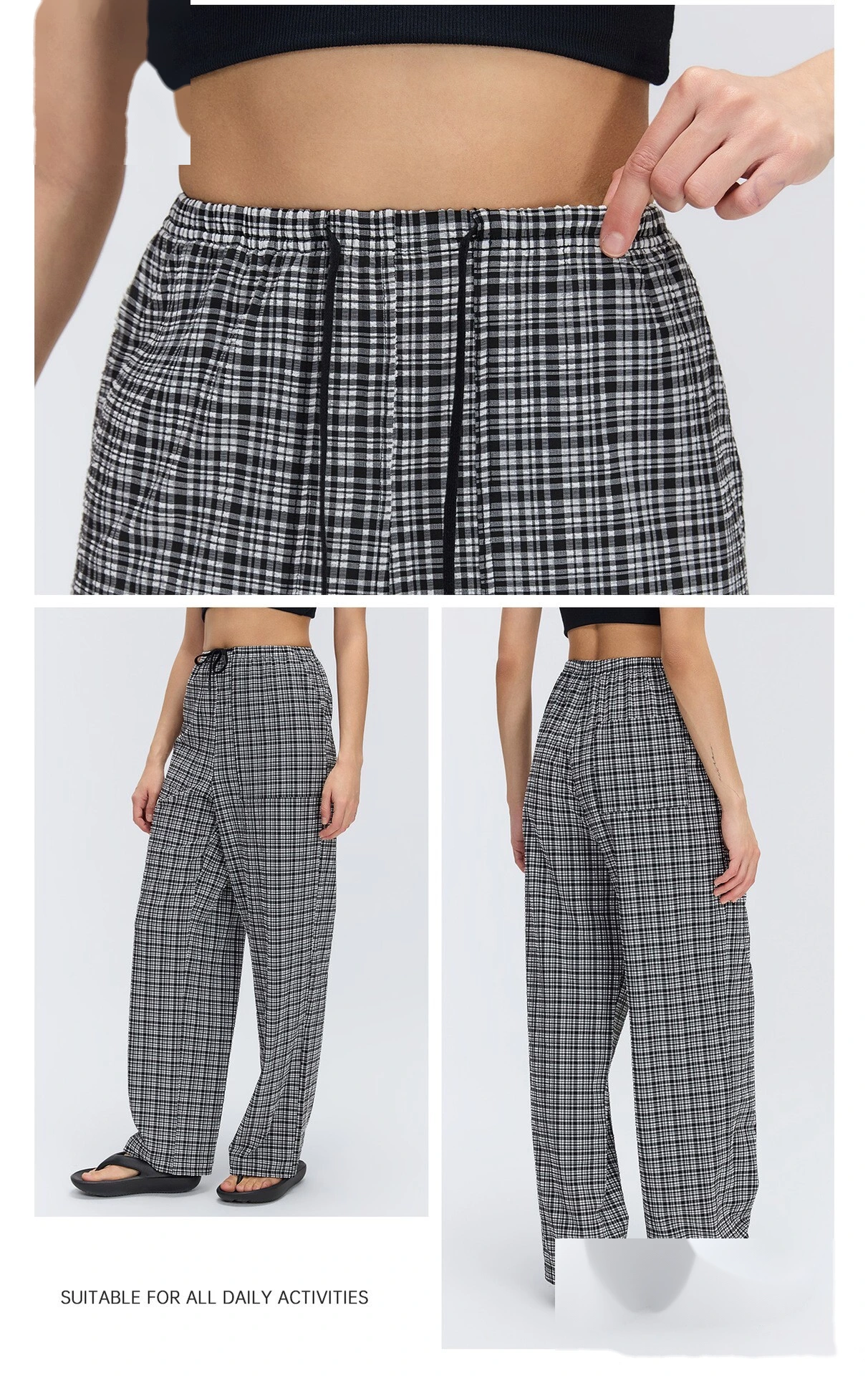 Women's Plaid Pattern Loose Slim Straight Long Pants Lightweight Casual Sports Trousers Custom detail