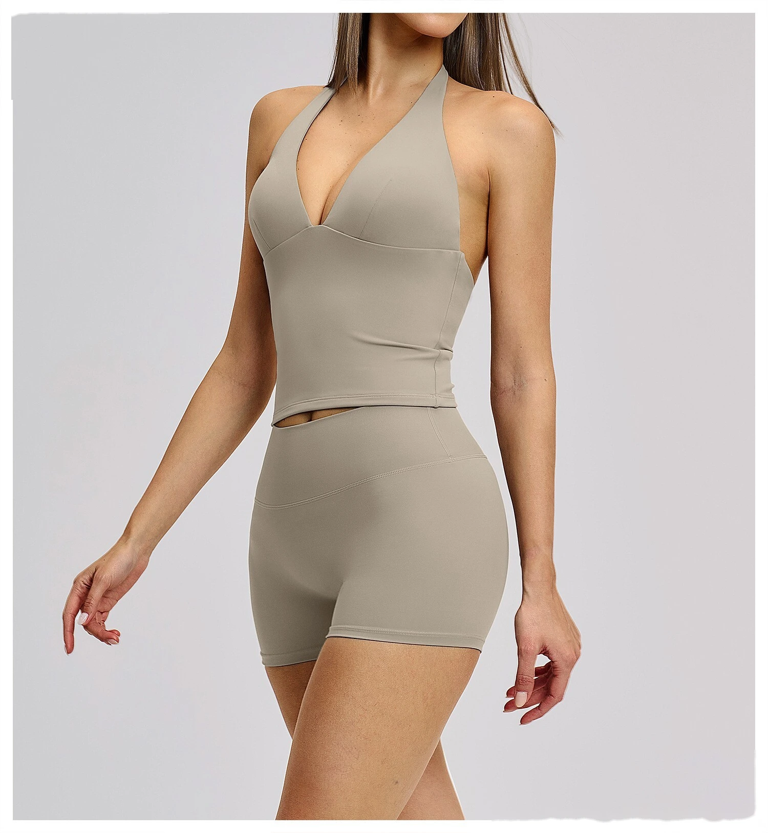 Women’s Custom Yoga Tank Top with Built-in Bra Pad Halter Backless High Stretch Yoga Set detail