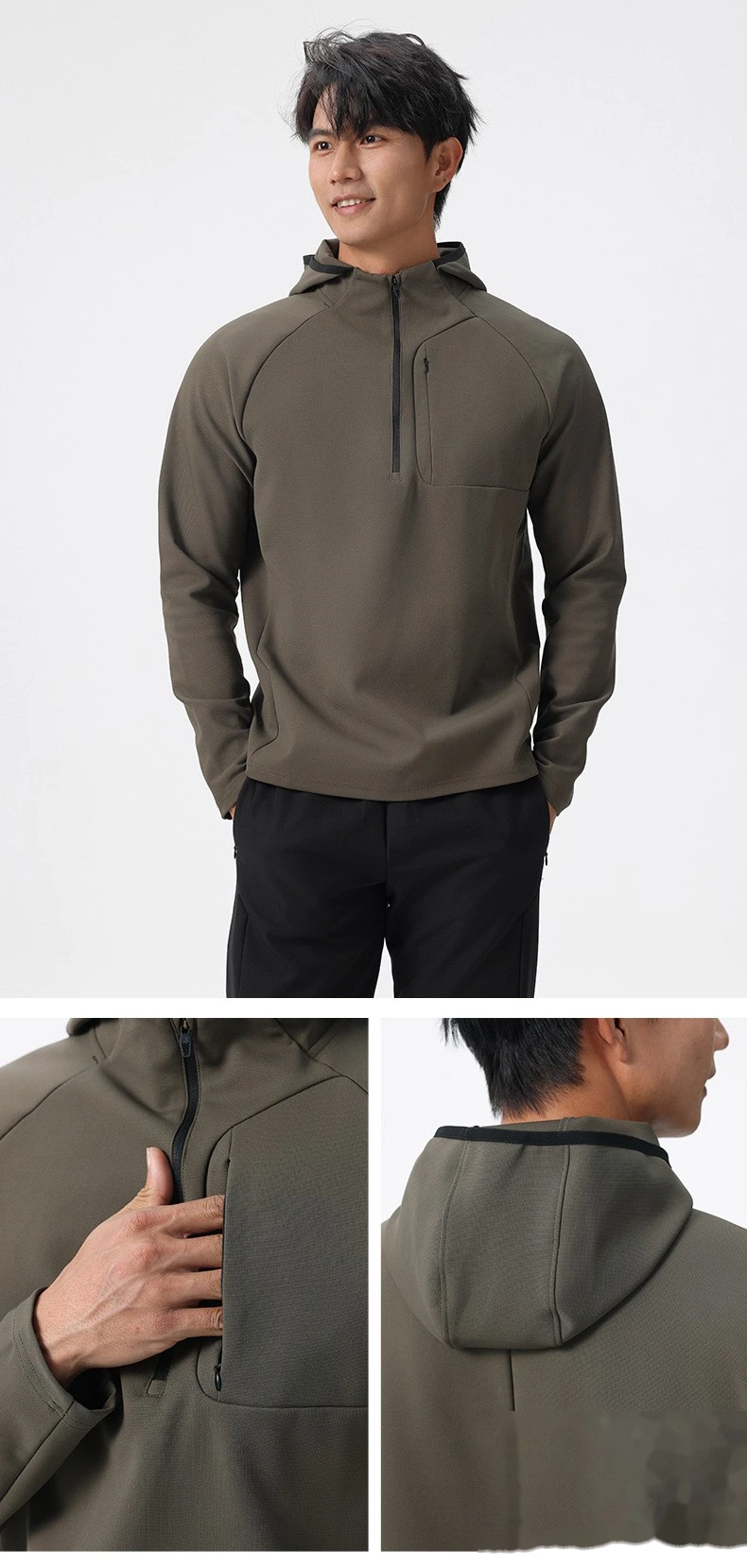 Custom autumn and winter running quick-drying clothes men's sports T-shirt half zipper hooded sweater detail