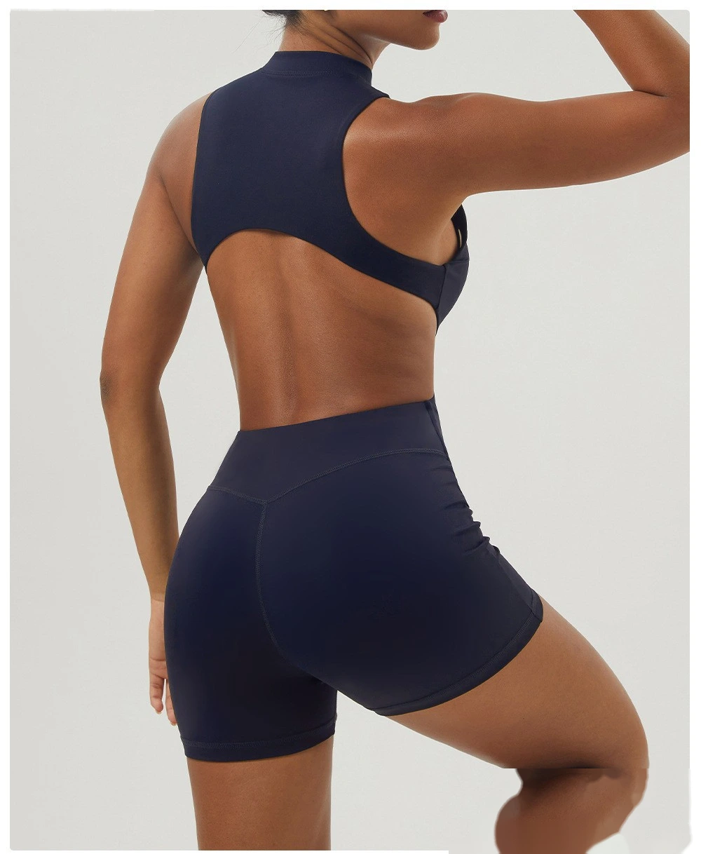 Customized sexy yoga jumpsuit shaping slim zipper stand collar sports jumpsuit shorts fitness suit detail