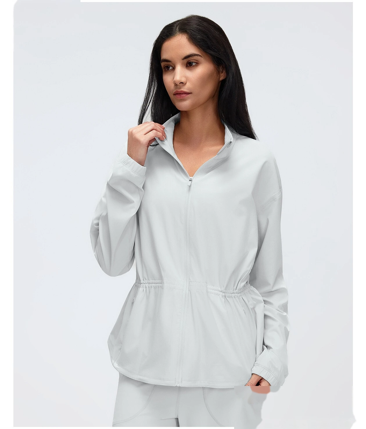 Custom Women’s Stand Collar Sports Jacket Slim Waist Loose Fit Workout Yoga Running Outerwear detail