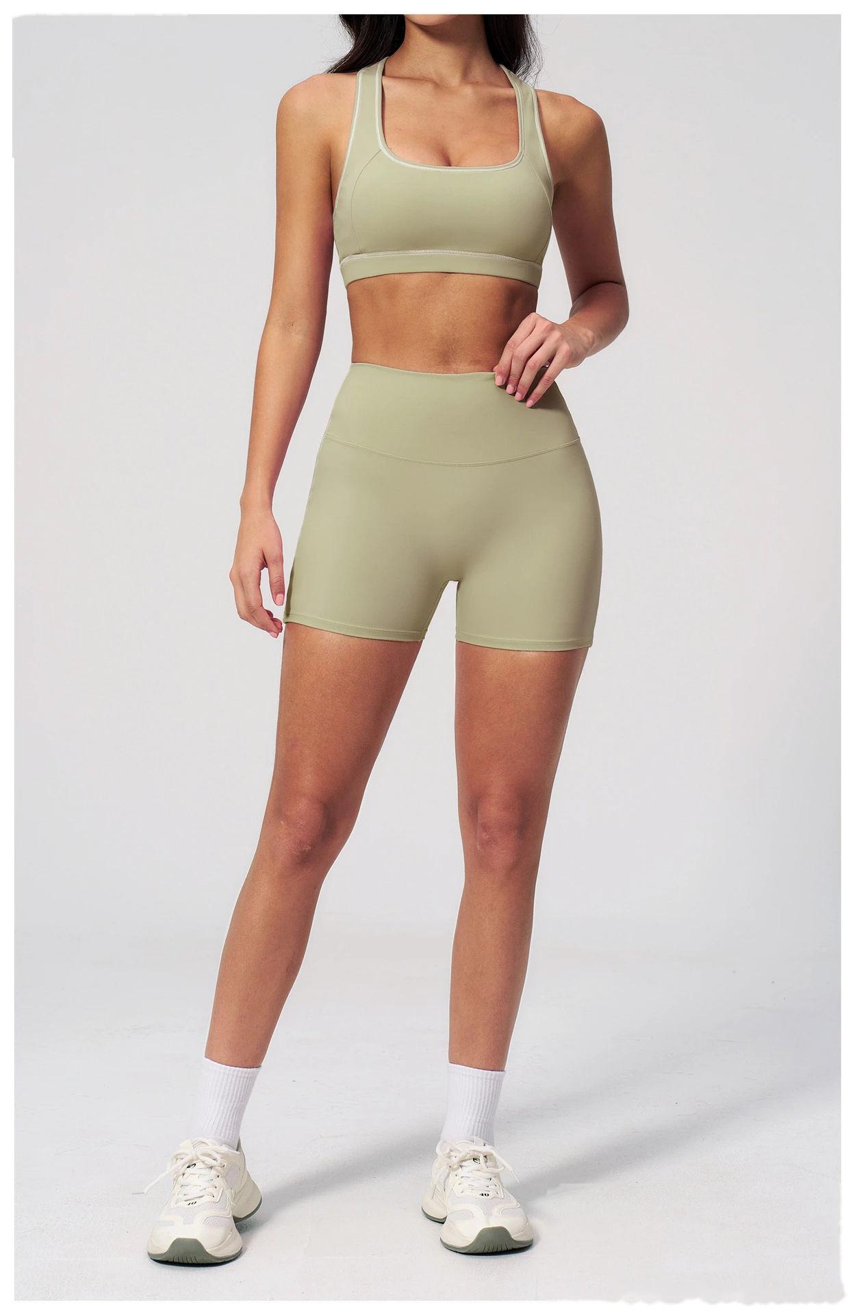 European American Style Color Block Yoga Bra & Hip Lifting Shorts Set, Women 2 Piece Fitness Activewear detail