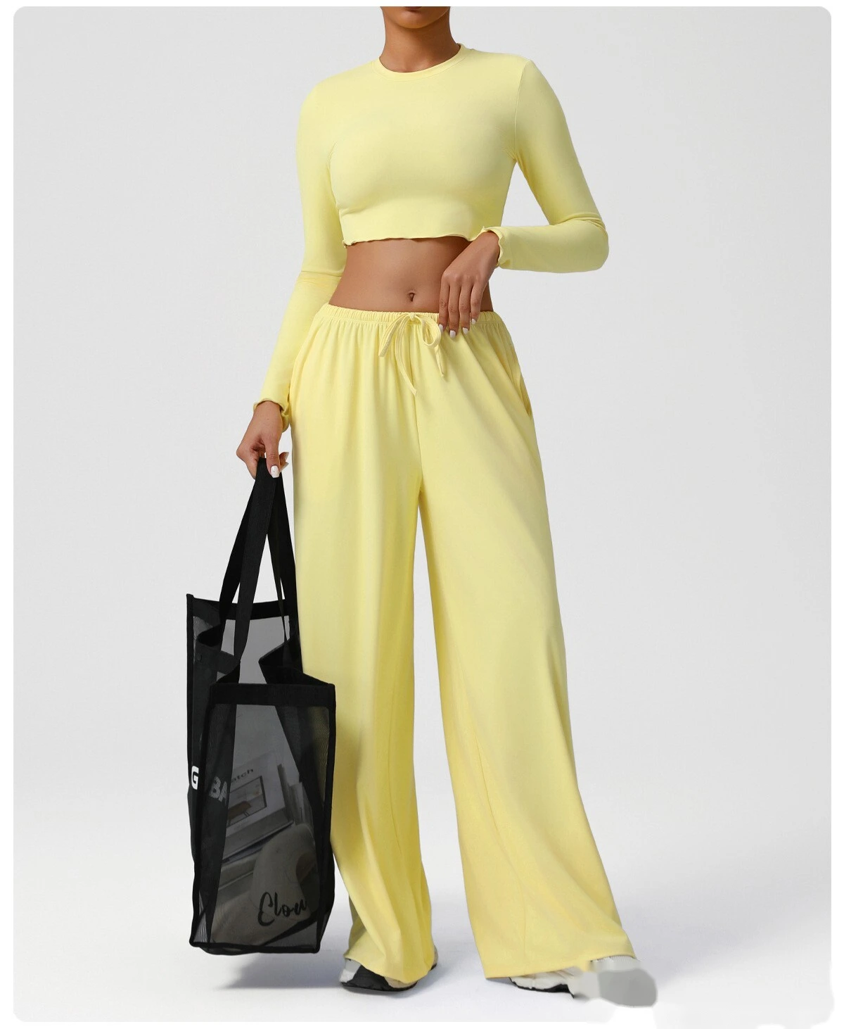 Custom wide-leg women's sweatpants loose low waist fitness pants elastic leisure yoga belt pocket detail