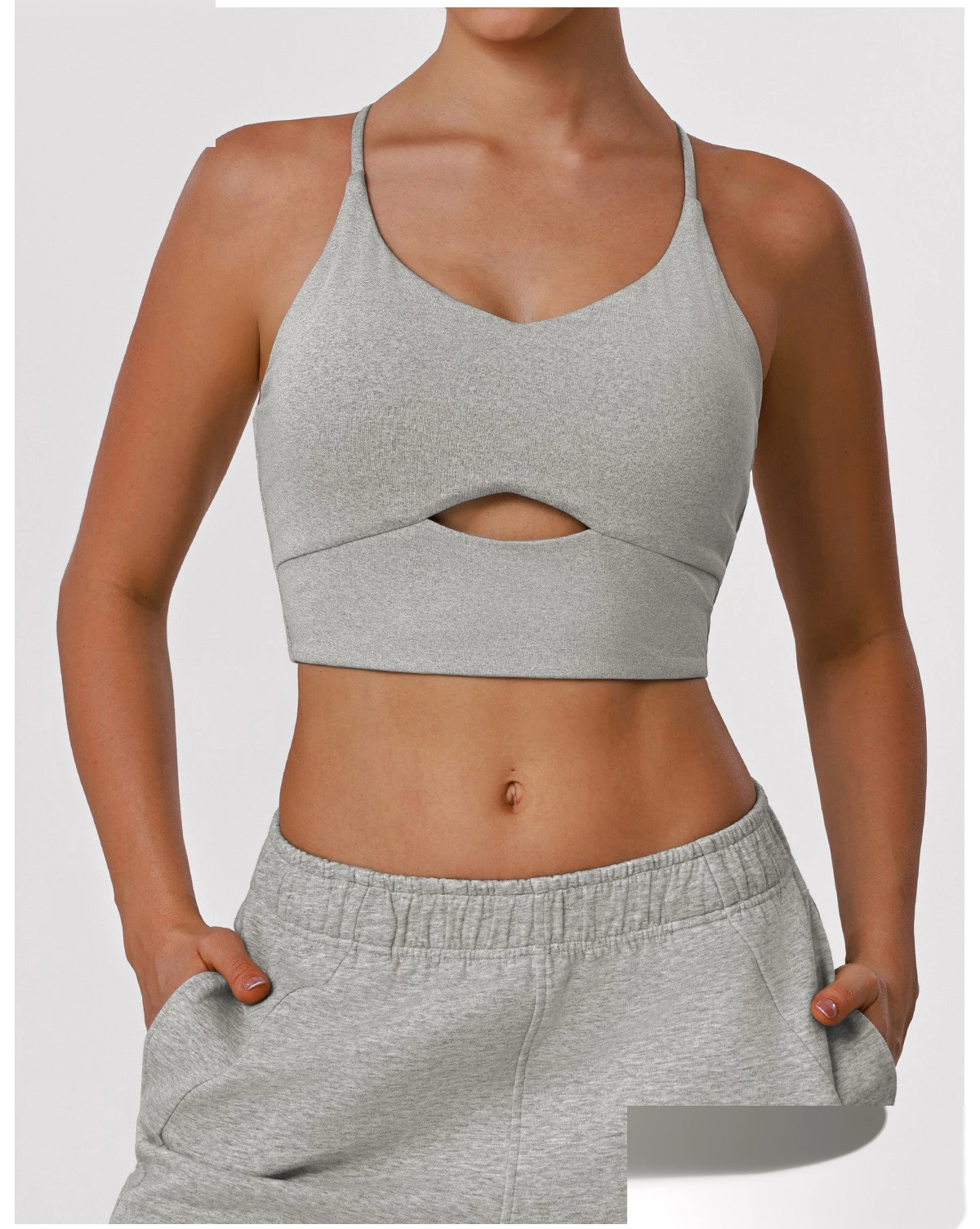 Women's Nude Feel Cutout Thin Strap Sports Bra Shockproof Push Up Racerback for Running Yoga Gym detail