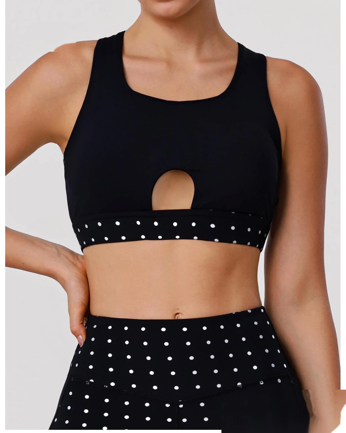 Bulk Custom Polka Dot Activewear Set - Open Back Bra & High-Waisted Tummy Control Yoga Pants detail