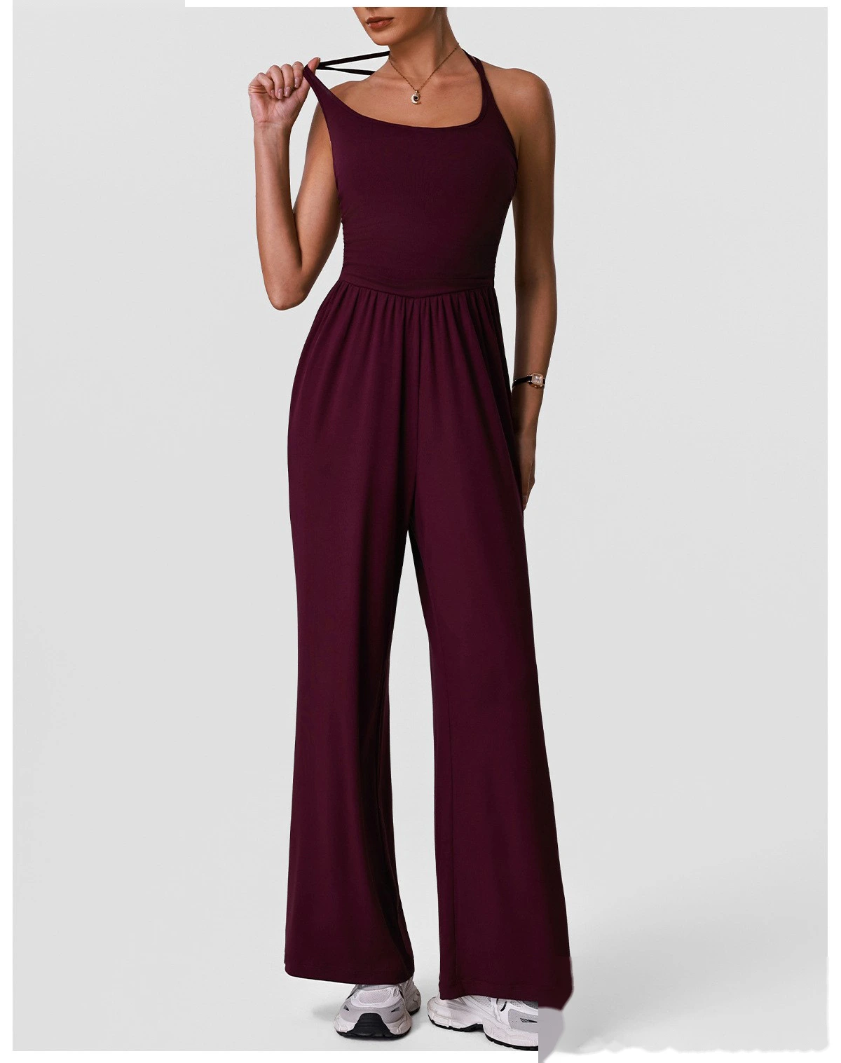 Women’s Halter Hollow Beauty Back Yoga Jumpsuit Casual Wide Leg One Piece Sportswear With Built-in Pads detail