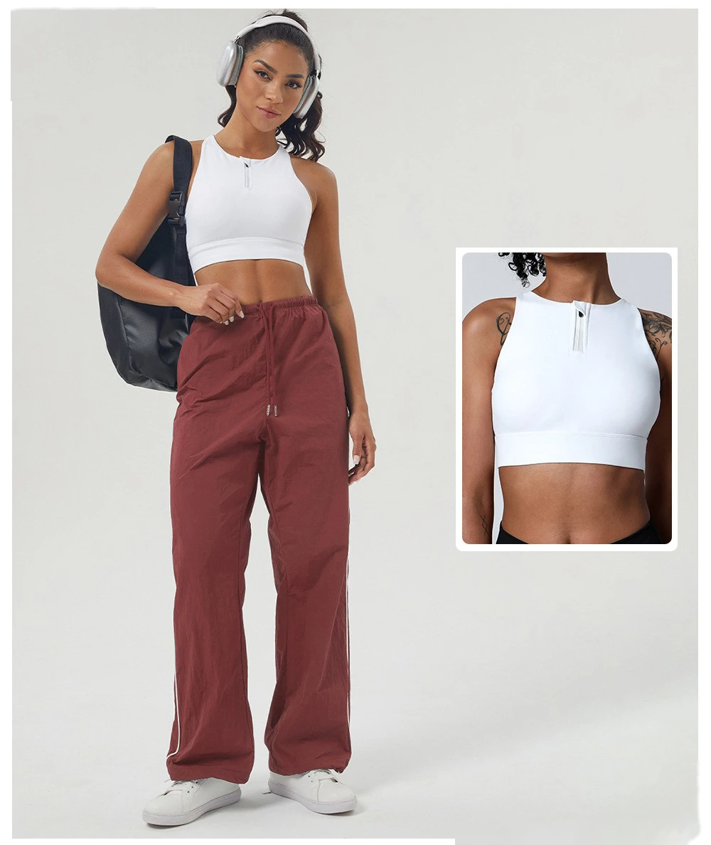 Custom contrast casual overalls drawstring pocket sports pants loose straight pants fitness pants detail
