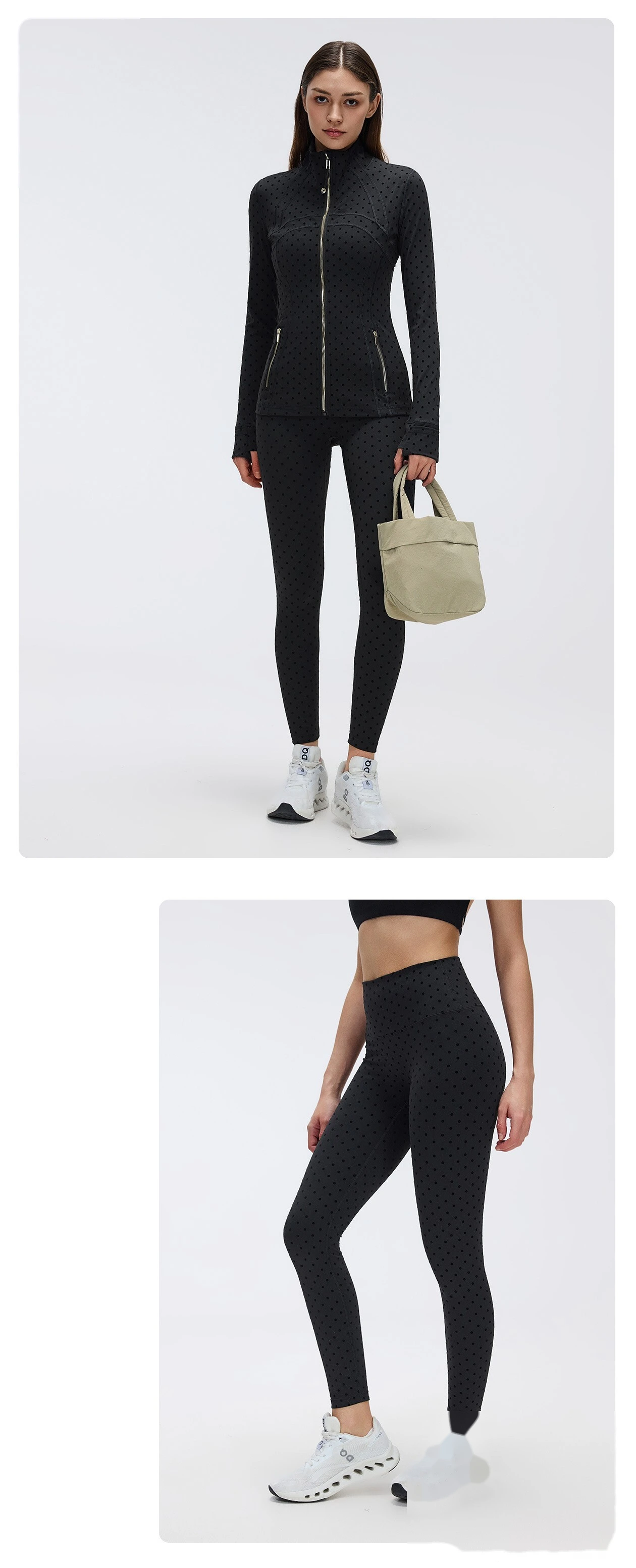 Bulk Custom Yoga Sports Set - Polka Dot Tummy Control Leggings & Slimming Stand Collar Workout Jacket detail
