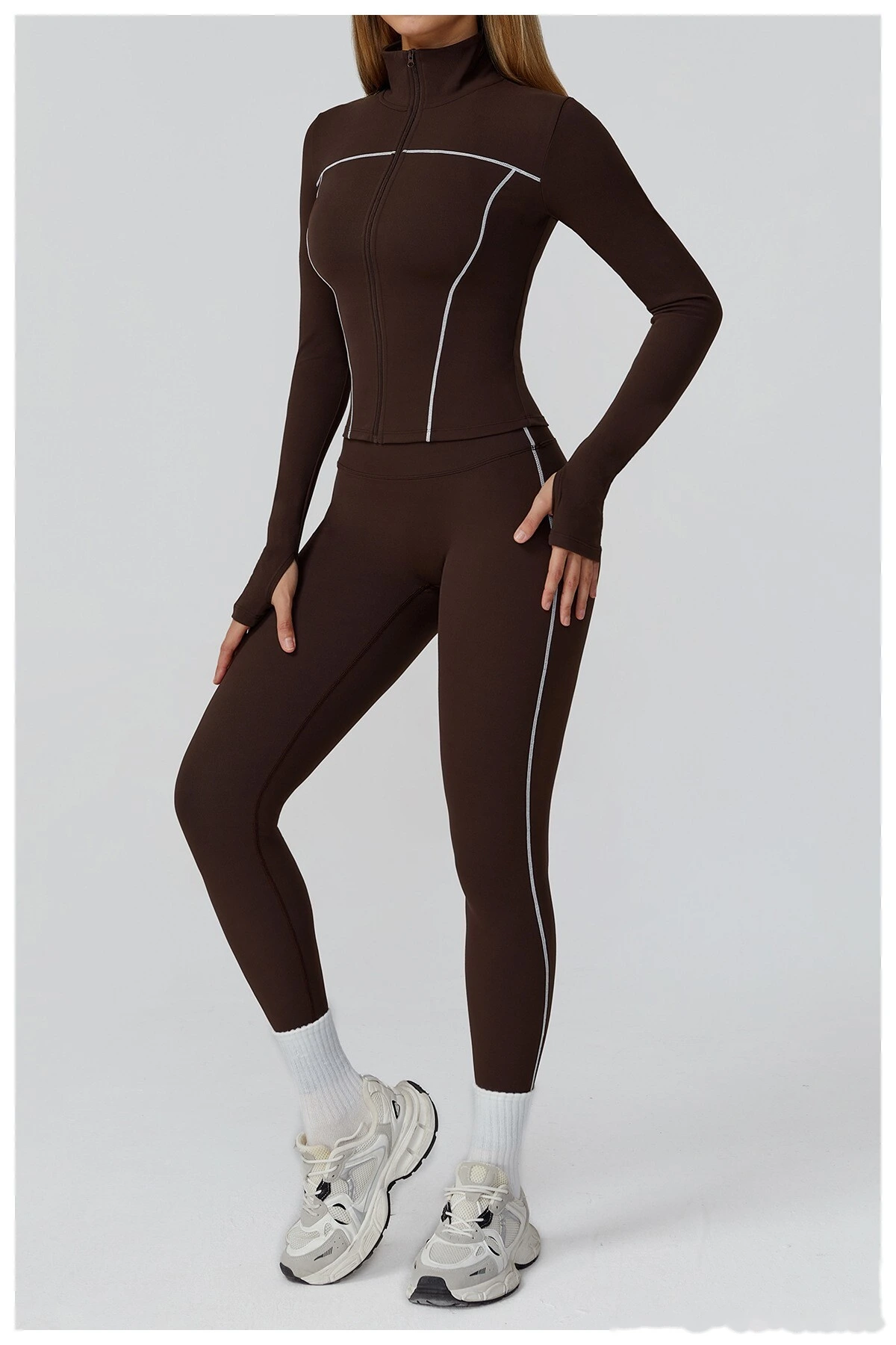 Custom contrast sanding yoga jacket zipper windproof slim coat outdoor sports running fitness clothes women detail
