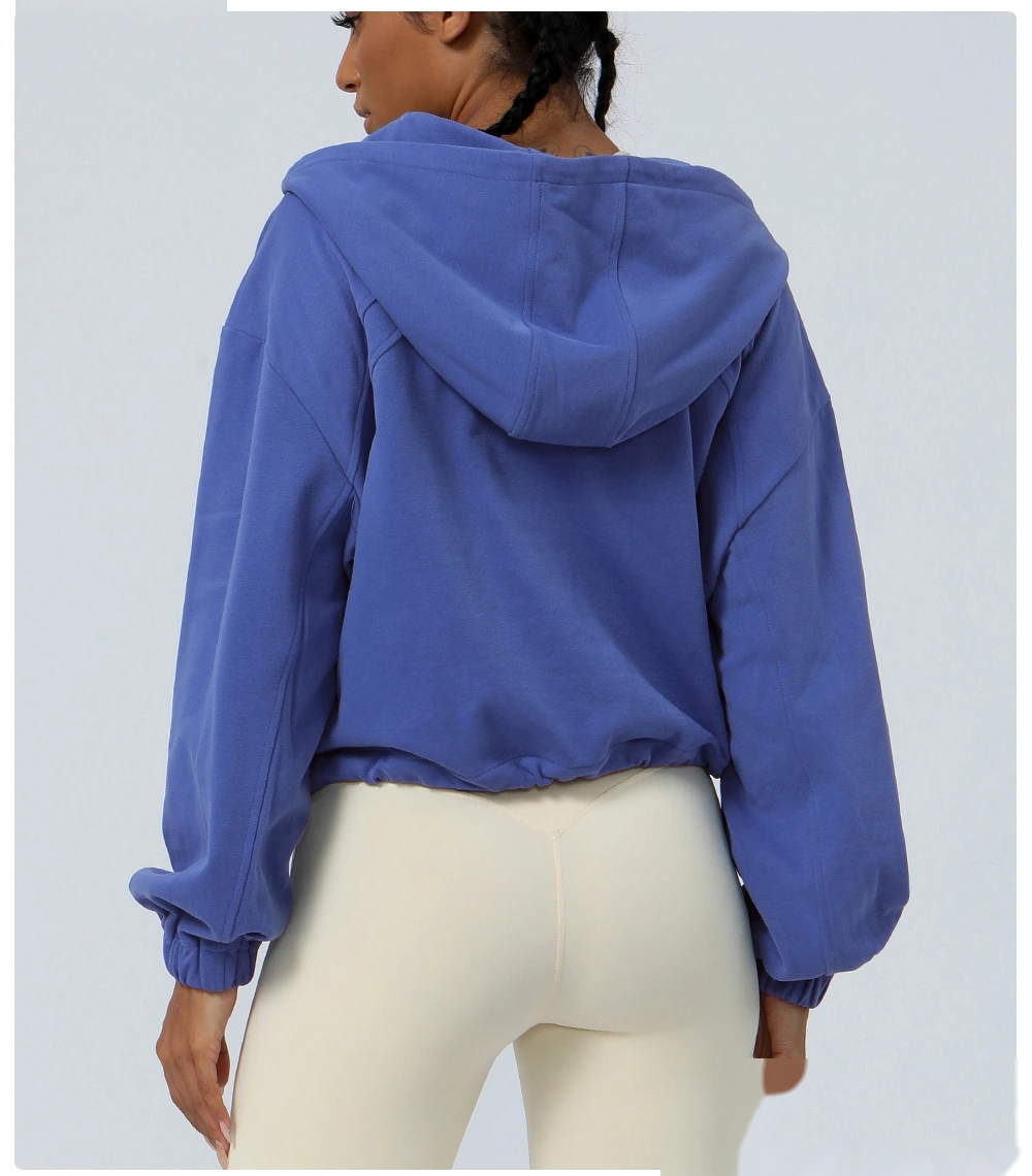 Custom hooded zipper loose yoga fitness jacket women's outdoor running coat long sleeve sweater detail
