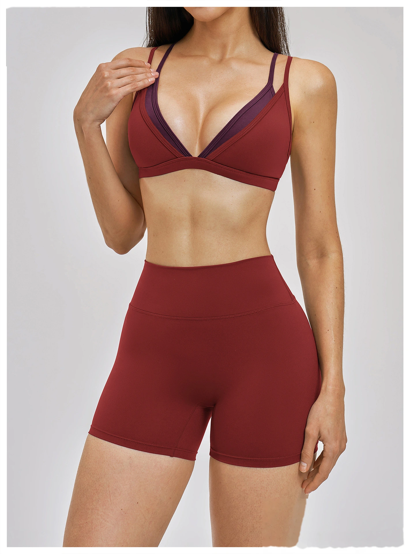Women’s Fake Two-Piece Yoga Tank Top Set Crisscross Beauty Back Color Block Sports Shorts Active Wear detail