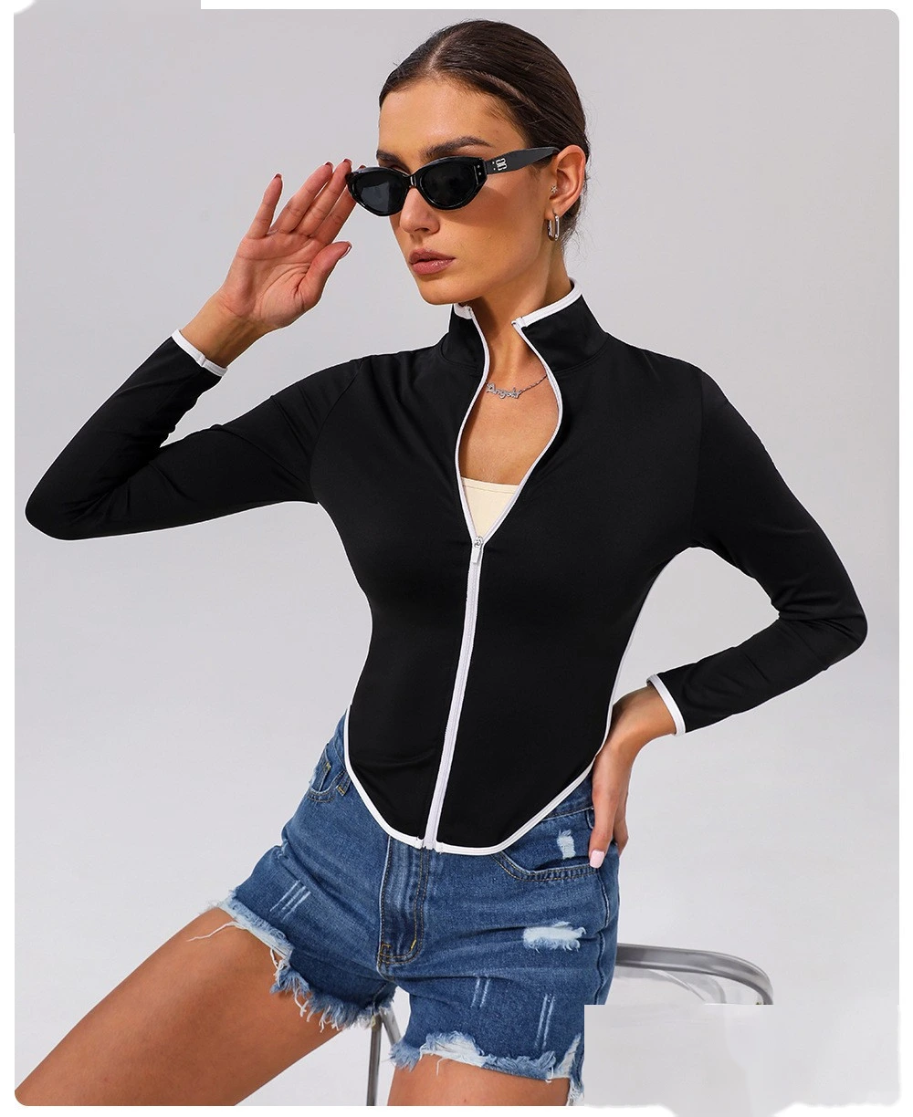 Customized contrast sports yoga coat stand collar long sleeve coat outdoor fitness clothes top detail
