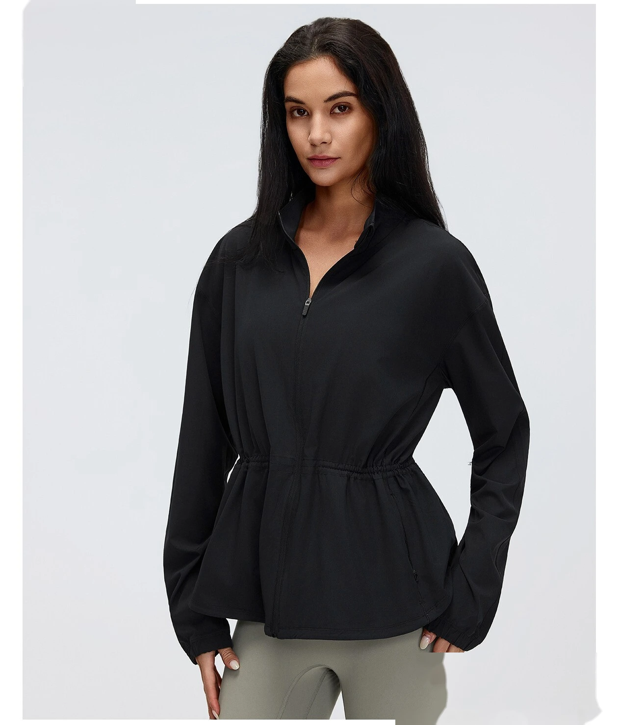 Custom Women’s Stand Collar Sports Jacket Slim Waist Loose Fit Workout Yoga Running Outerwear detail