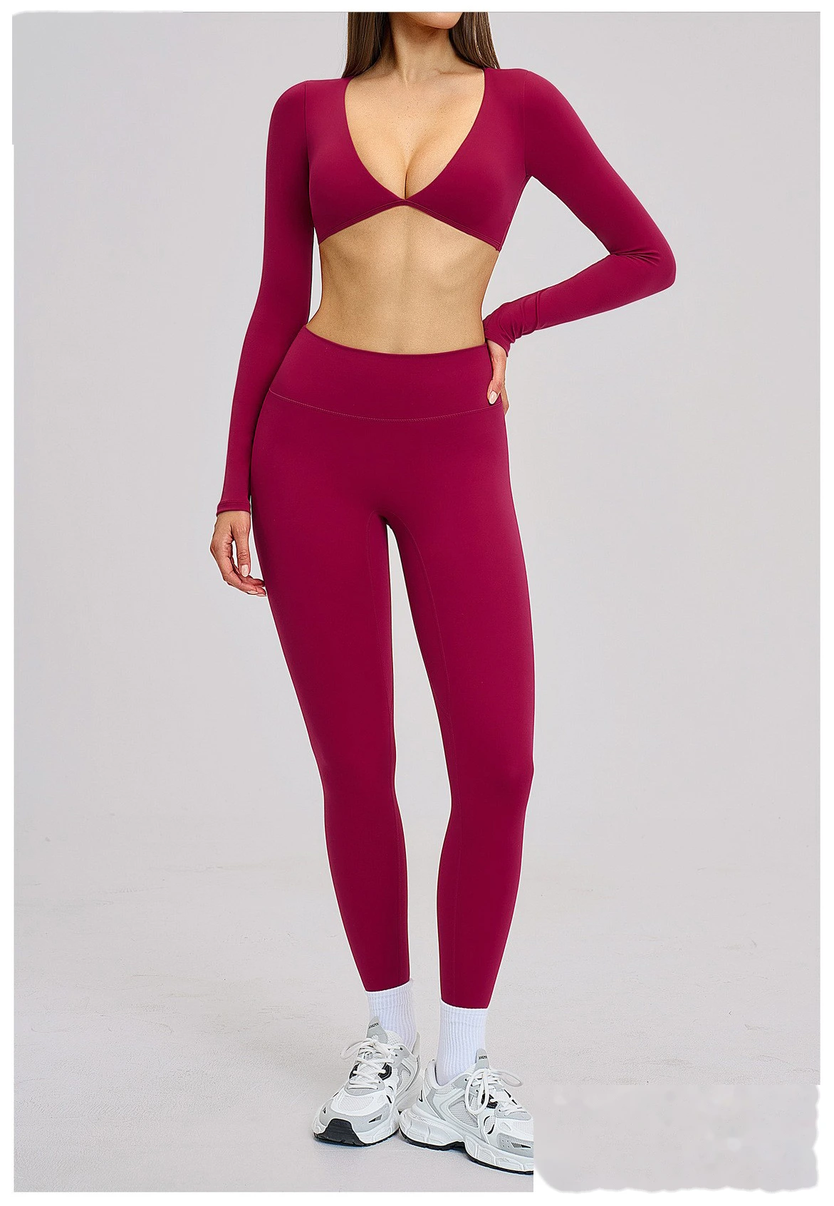 Women’s Custom Long Sleeve V-Neck Cropped Yoga Top Outdoor Fitness Workout Running Active Set detail