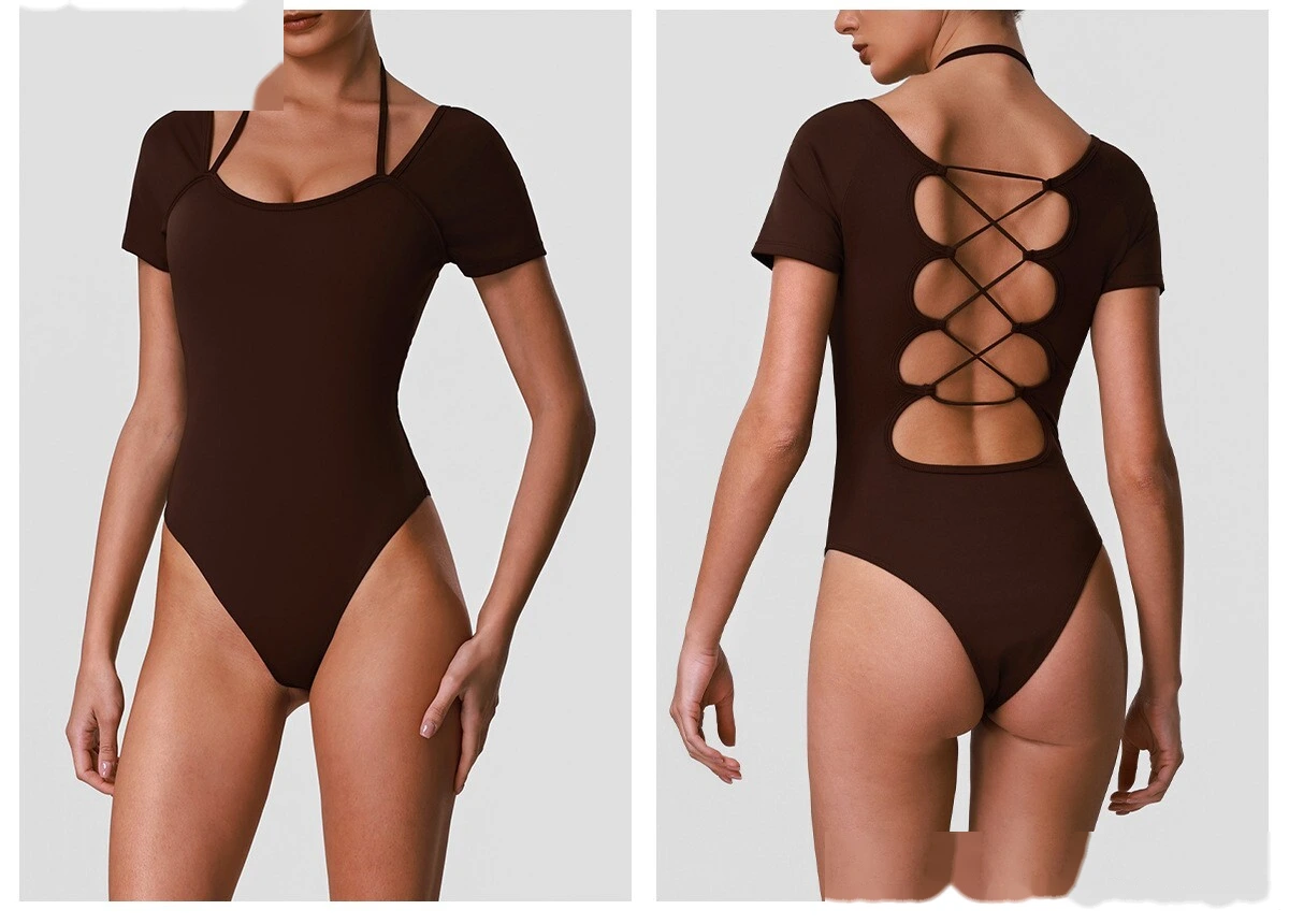 Cross Cutout Back One Piece Yoga Suit, Integrated Chest Pad Slimming Quick Dry Pilates Fitness Jumpsuit detail