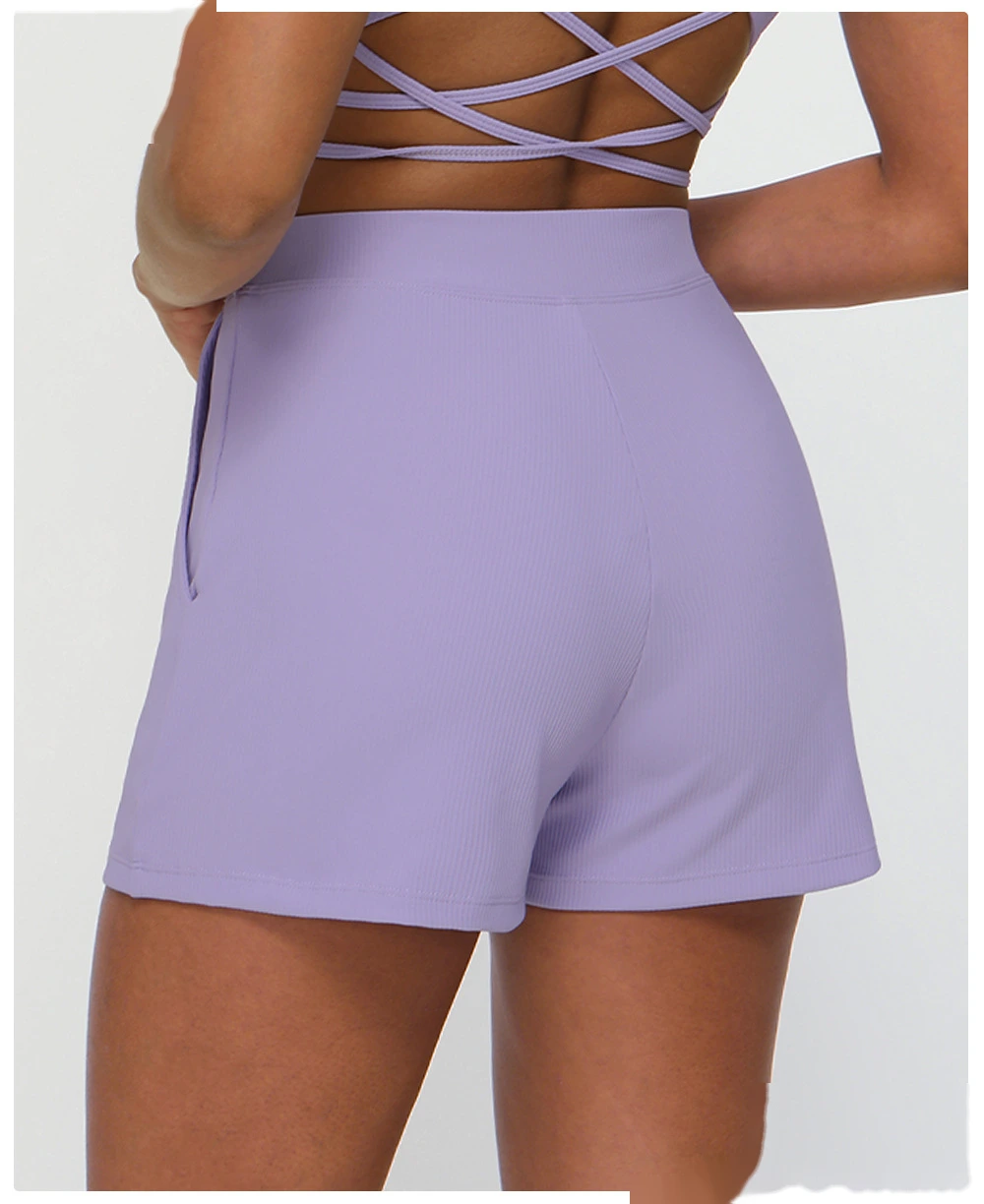 Customized rib loose casual shorts women's drawstring quick-drying yoga shorts pocket high elastic sports pants detail