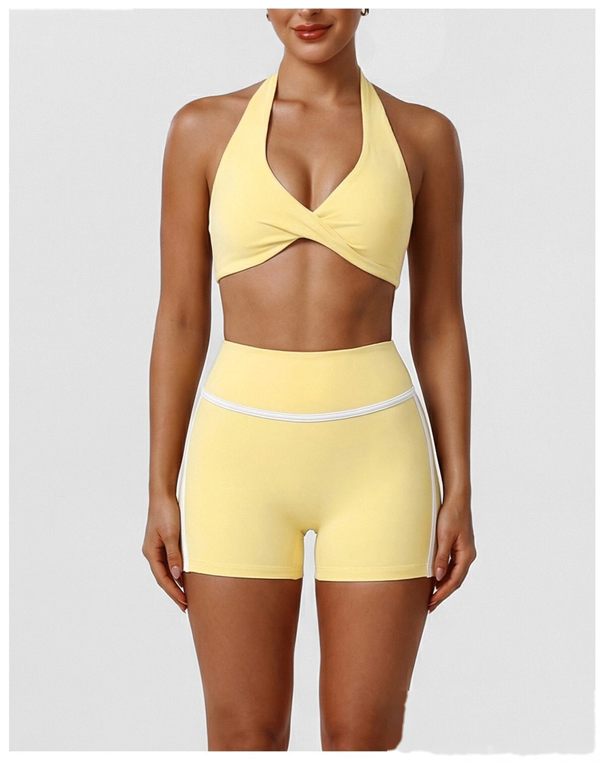 New Summer Women's Active Set, Halter Beauty Back Sports Bra with High Waist Tummy Control Workout Shorts detail