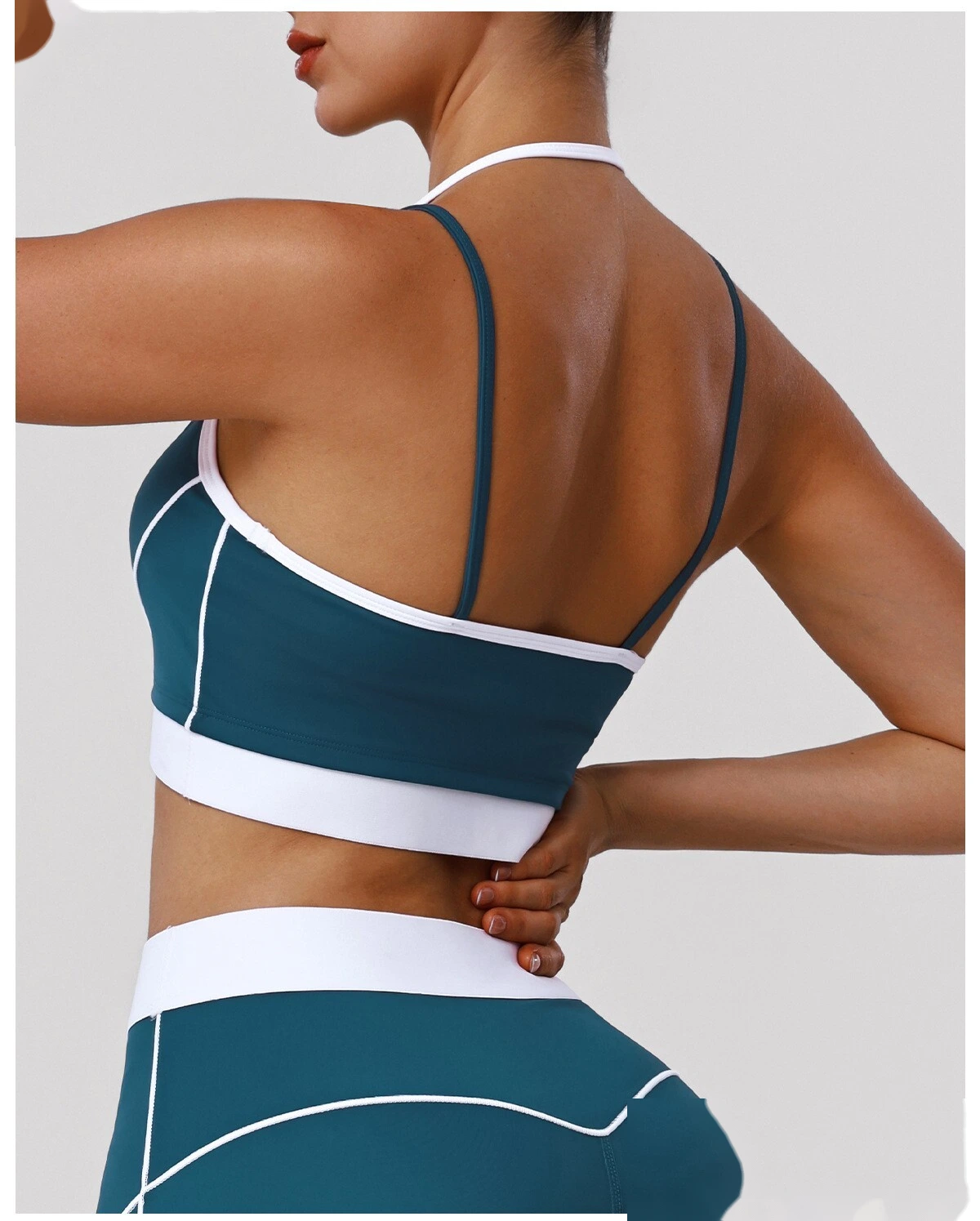 Bulk Custom Color Block Fitness Bra - Thin-Strap Shockproof Padded Yoga Tank for Gym Running Workouts detail