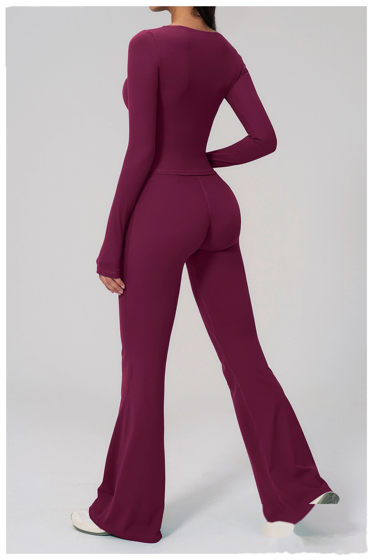 Women's Custom European Style Long Sleeve Sports Top High Waist Slim Hip Lifting Flared Pants Yoga Fitness Set detail
