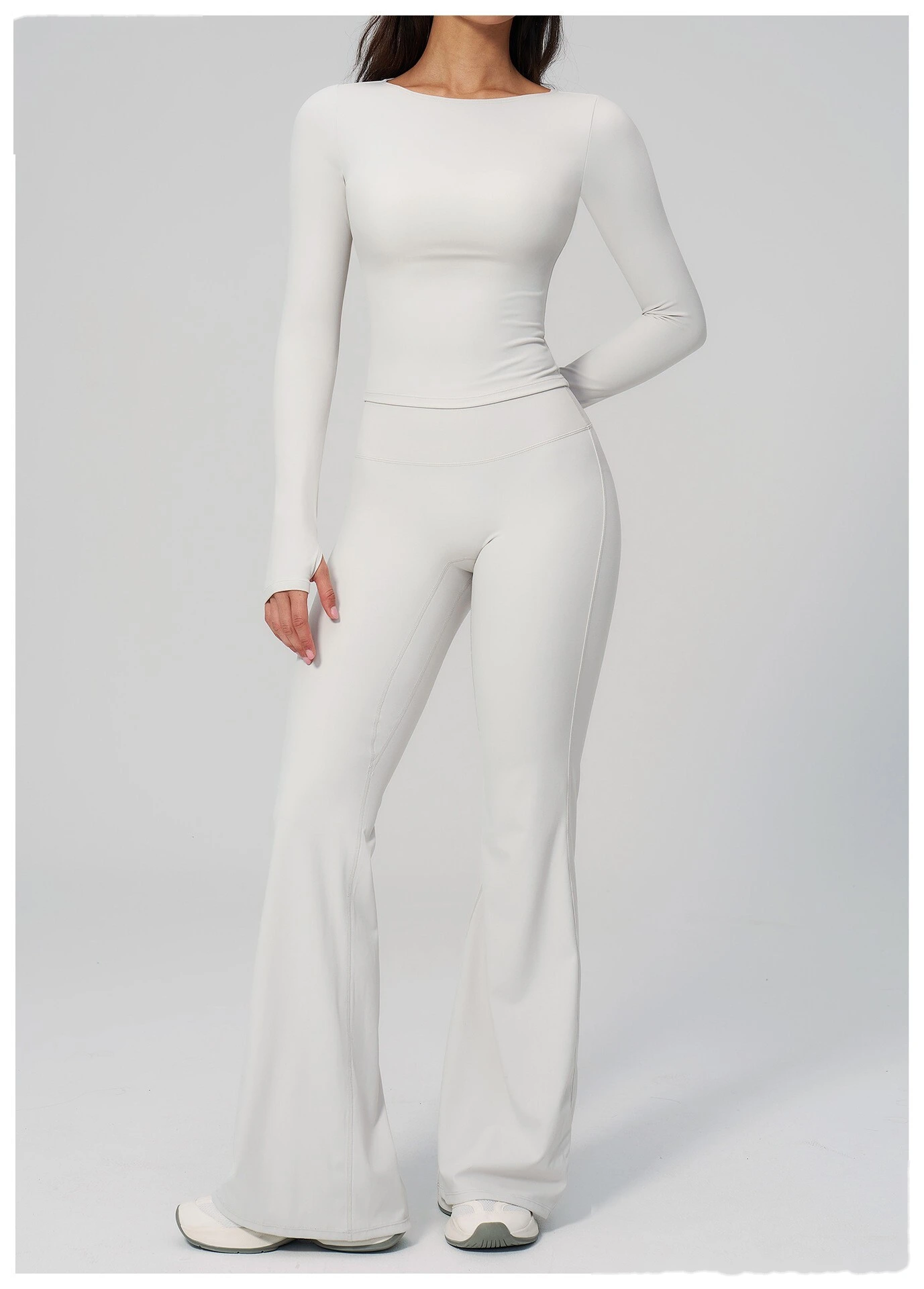 Women's Custom European Style Long Sleeve Sports Top High Waist Slim Hip Lifting Flared Pants Yoga Fitness Set detail