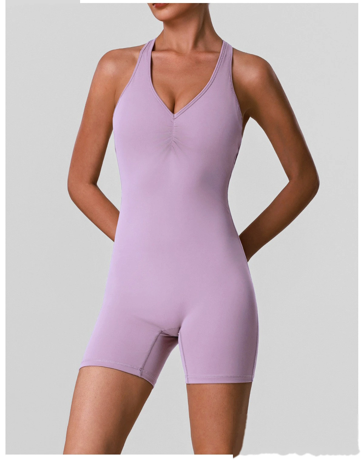 Custom Women’s Crisscross Beauty Back Yoga Romper V-Neck with Chest Pads High Stretch Fitness Short Jumpsuit detail