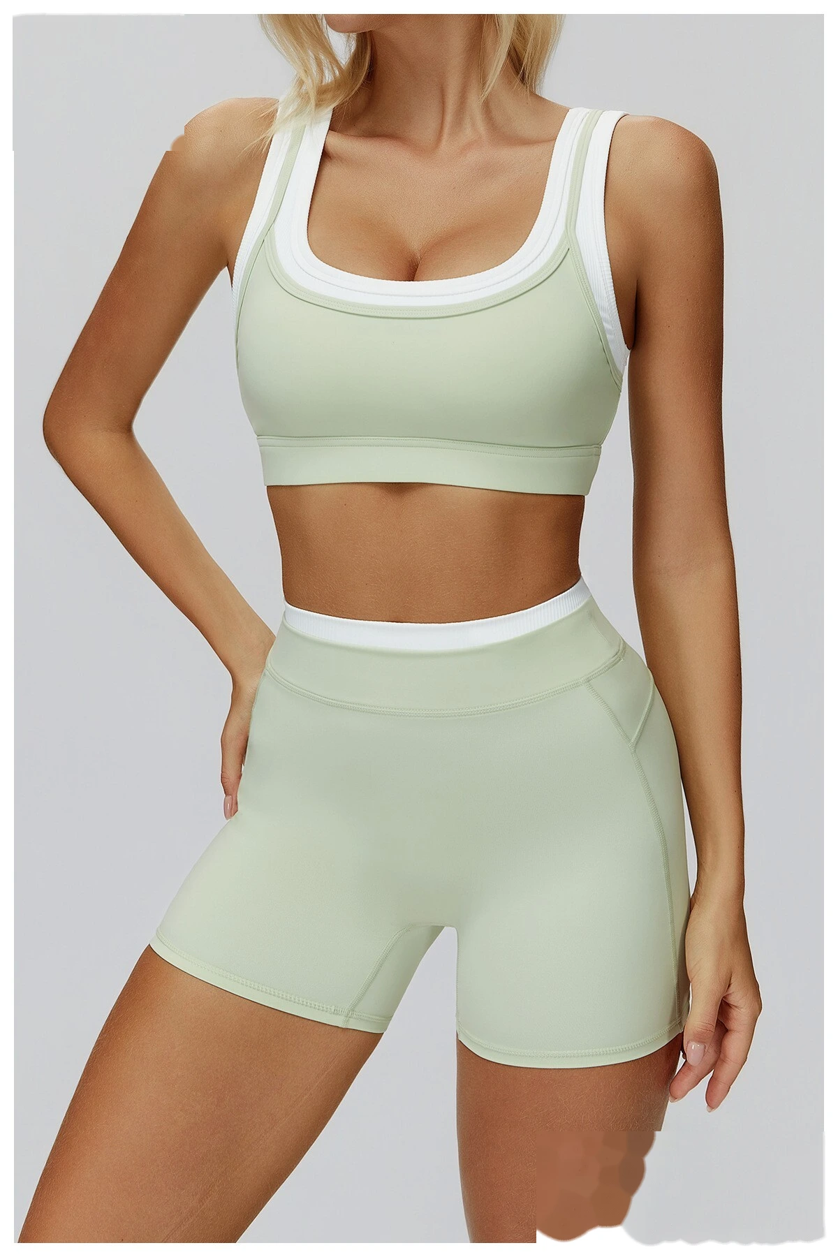 Customizable Naked-Feel Yoga Bra | Women's Fake Two-Piece Ribbed Contrast, Fitness & Running Style detail