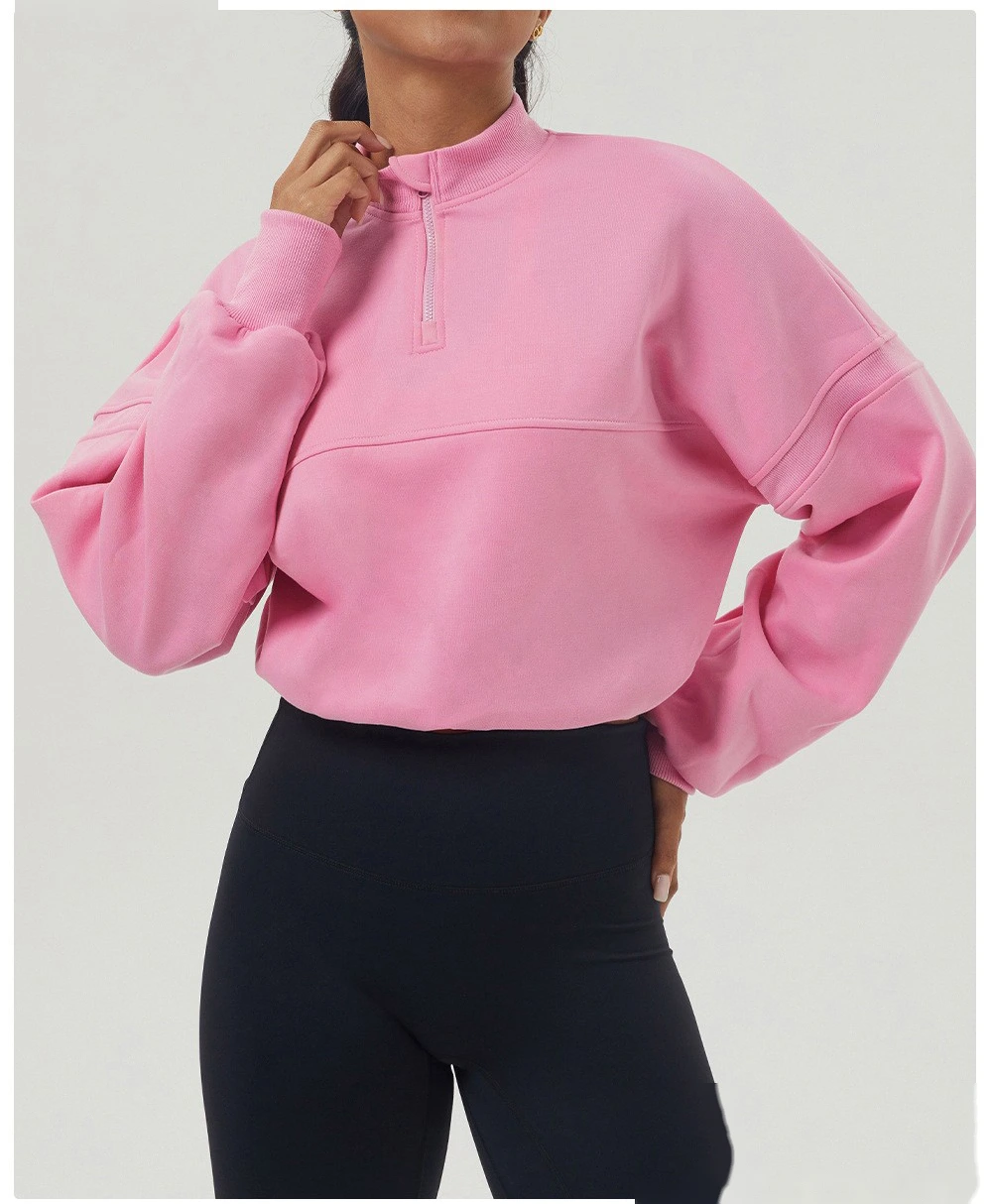 Custom autumn and winter sweater sports fitness long sleeve yoga clothes half zipper loose sweater woman detail