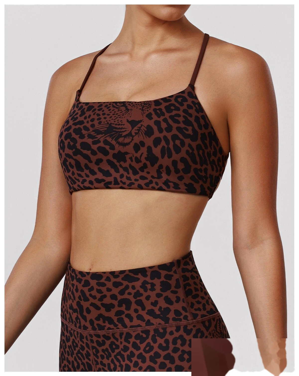 Bulk Custom Padded Leopard Sports Bra - Thin-Strap Criss-Cross Back High-Support Workout Yoga Bra detail