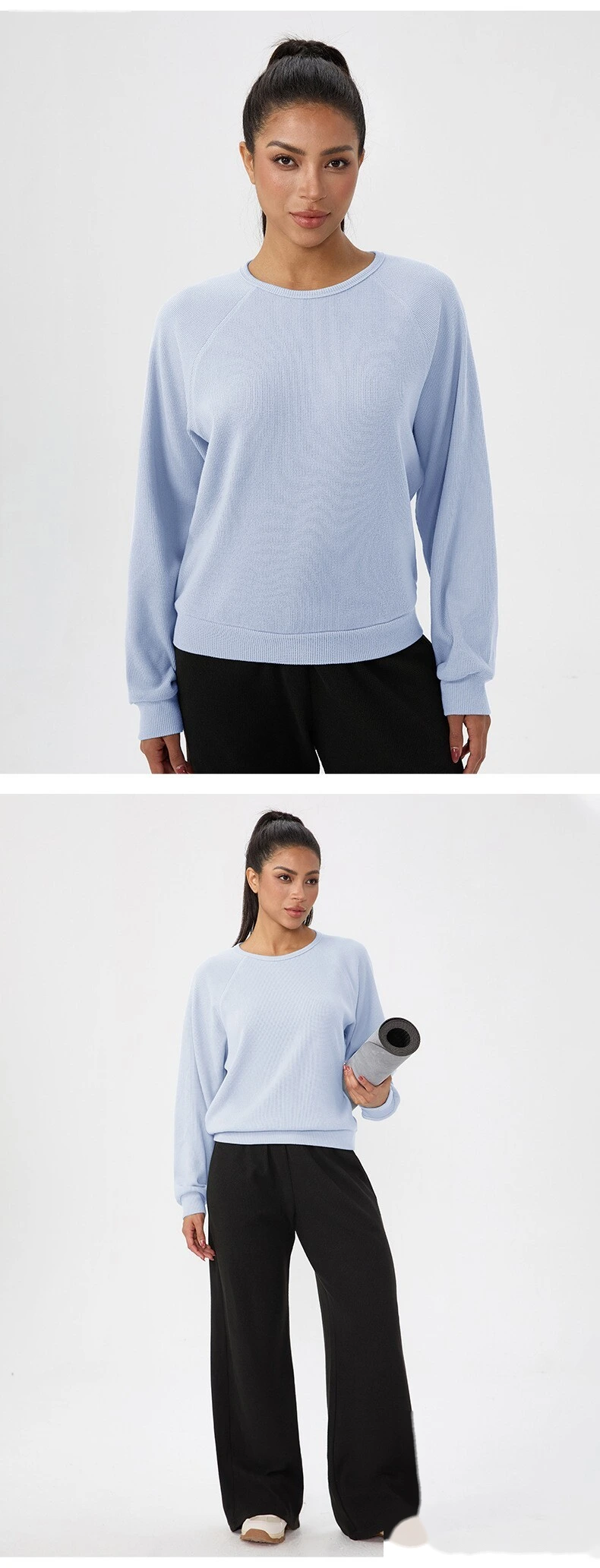Autumn Winter Custom Waffle Crewneck Long-Sleeve Tee - Solid, Loose-Fit Sports Shirt for Running & Working Out detail
