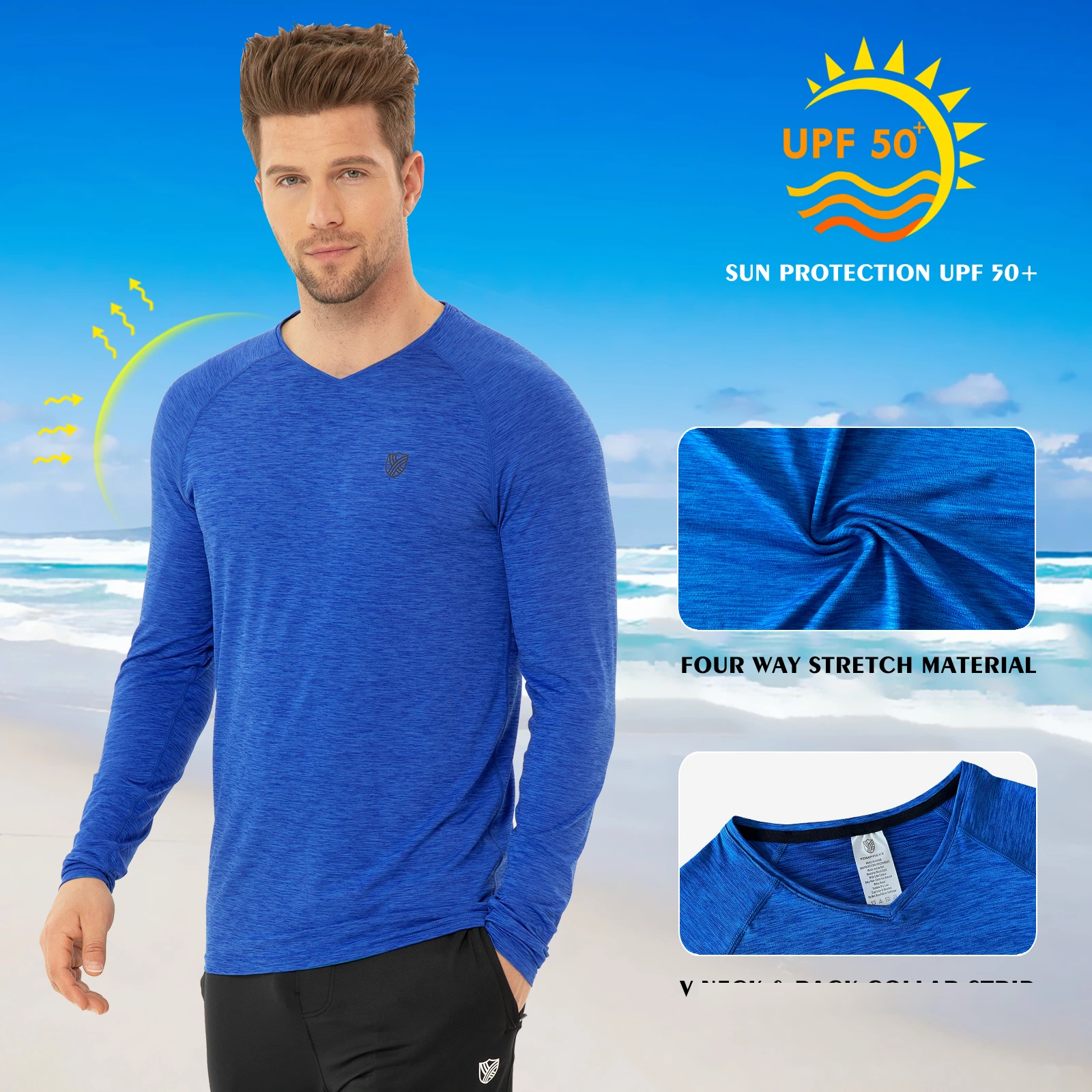 Men's running fitness training UPF outdoor sunscreen quick-drying breathable V-neck long-sleeved T-shirt detail