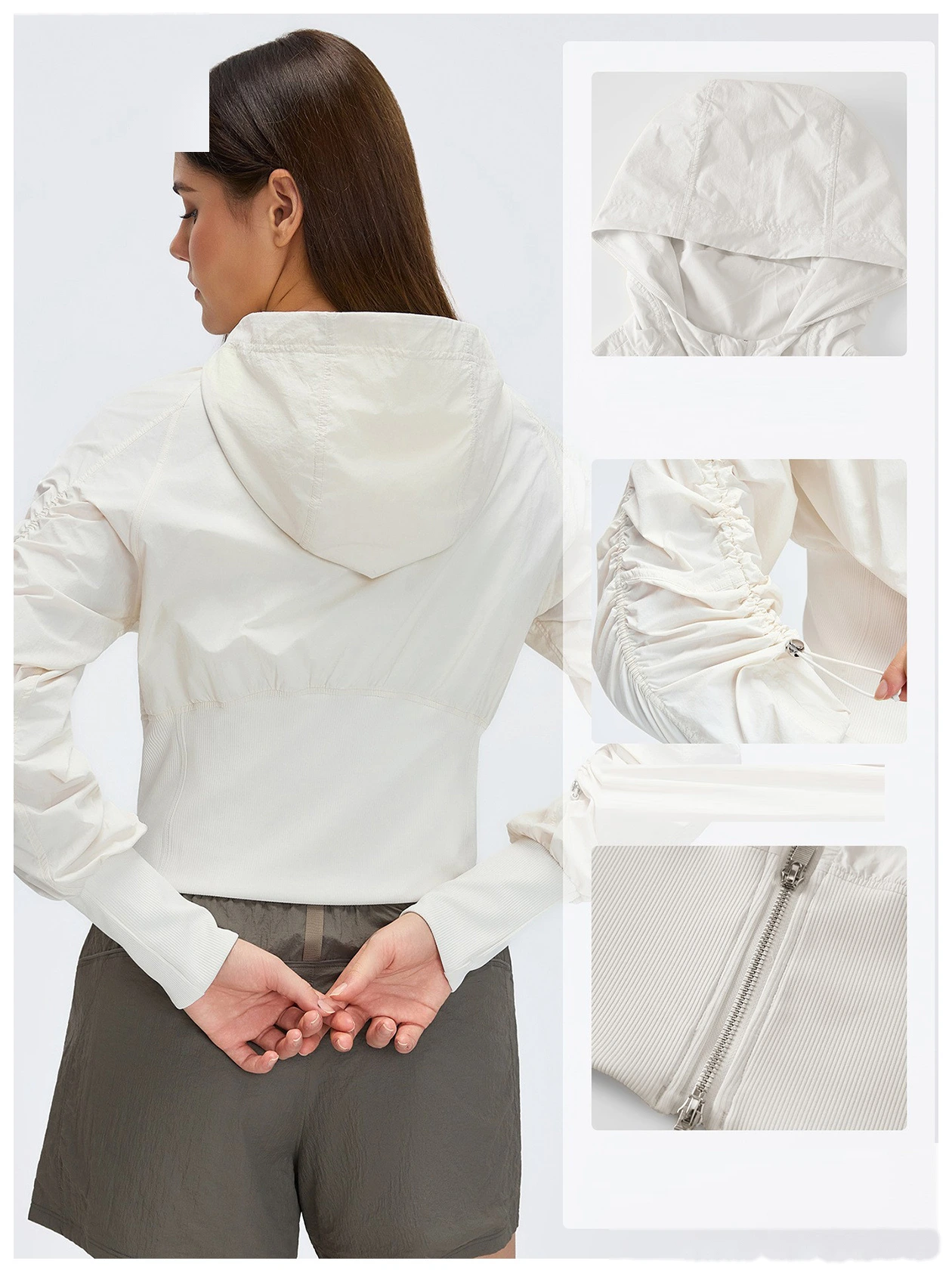 Bulk Custom Cropped Windproof Jacket - Women's Ruched Waist Slimming Hooded Zip-Up Casual Coat detail