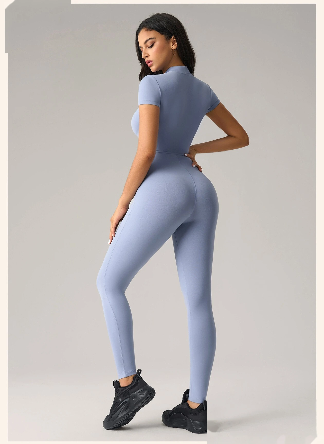 Custom Women’s Short Sleeve Zipper Front Yoga Bodysuit Tummy Control Butt Lifting Workout Jumpsuit detail