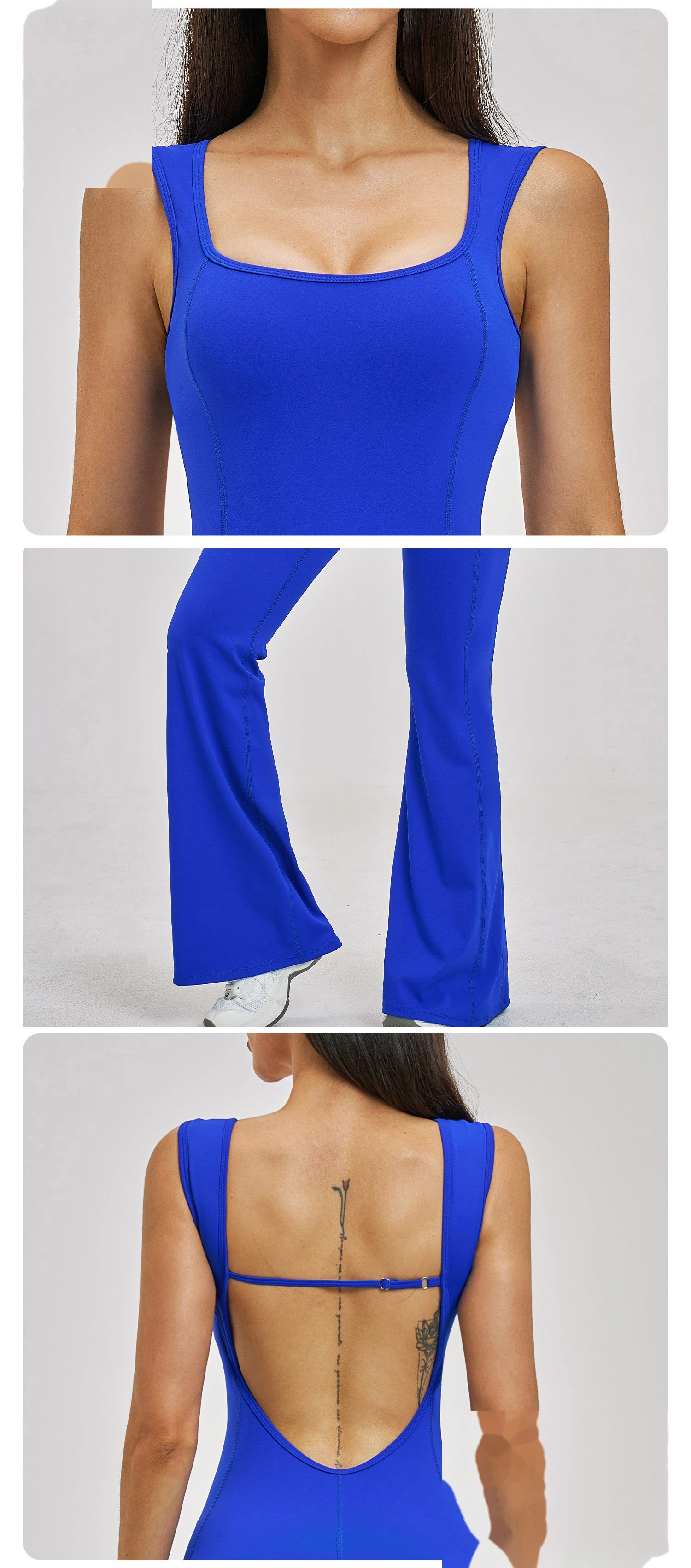 Custom Women’s Flared Leg Yoga One-Piece Outfit Beauty Back Slim Fit Fitness Gym Bodysuit Sport Jumpsuit detail