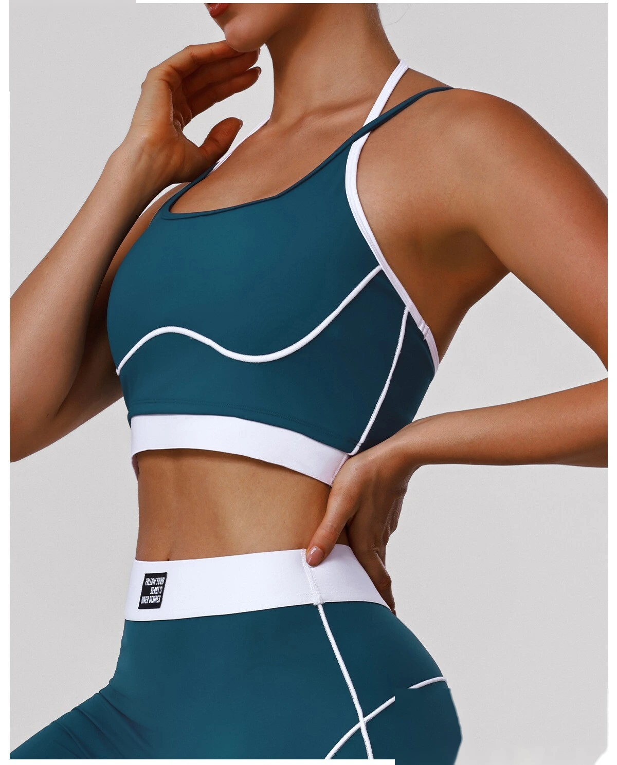 Bulk Custom Color Block Fitness Bra - Thin-Strap Shockproof Padded Yoga Tank for Gym Running Workouts detail