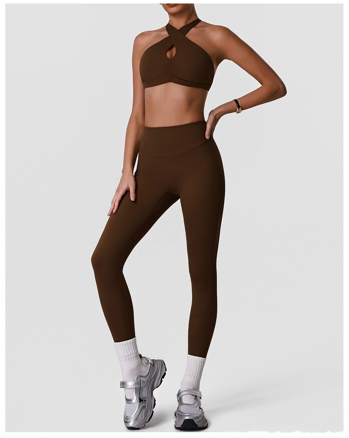 Women's Custom Halter Backless Sports Bra & High Waist Yoga Leggings Set Fitness Workout Tracksuit detail