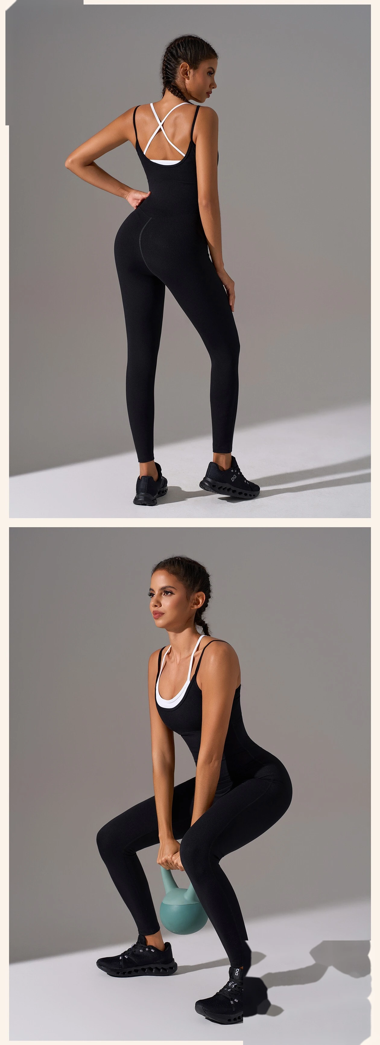 Custom Women’s Fake Two Piece Design Yoga Bodysuit Sexy Beauty Back Slim Fit Workout Jumpsuit detail