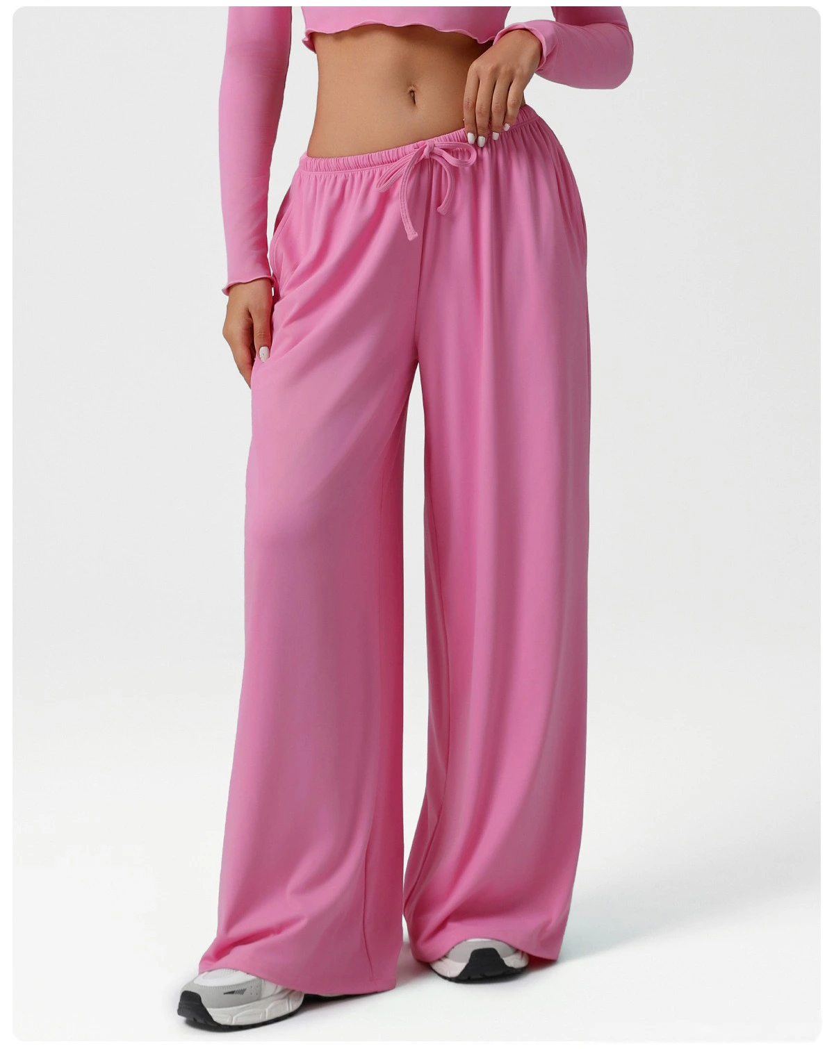 Custom wide-leg women's sweatpants loose low waist fitness pants elastic leisure yoga belt pocket detail