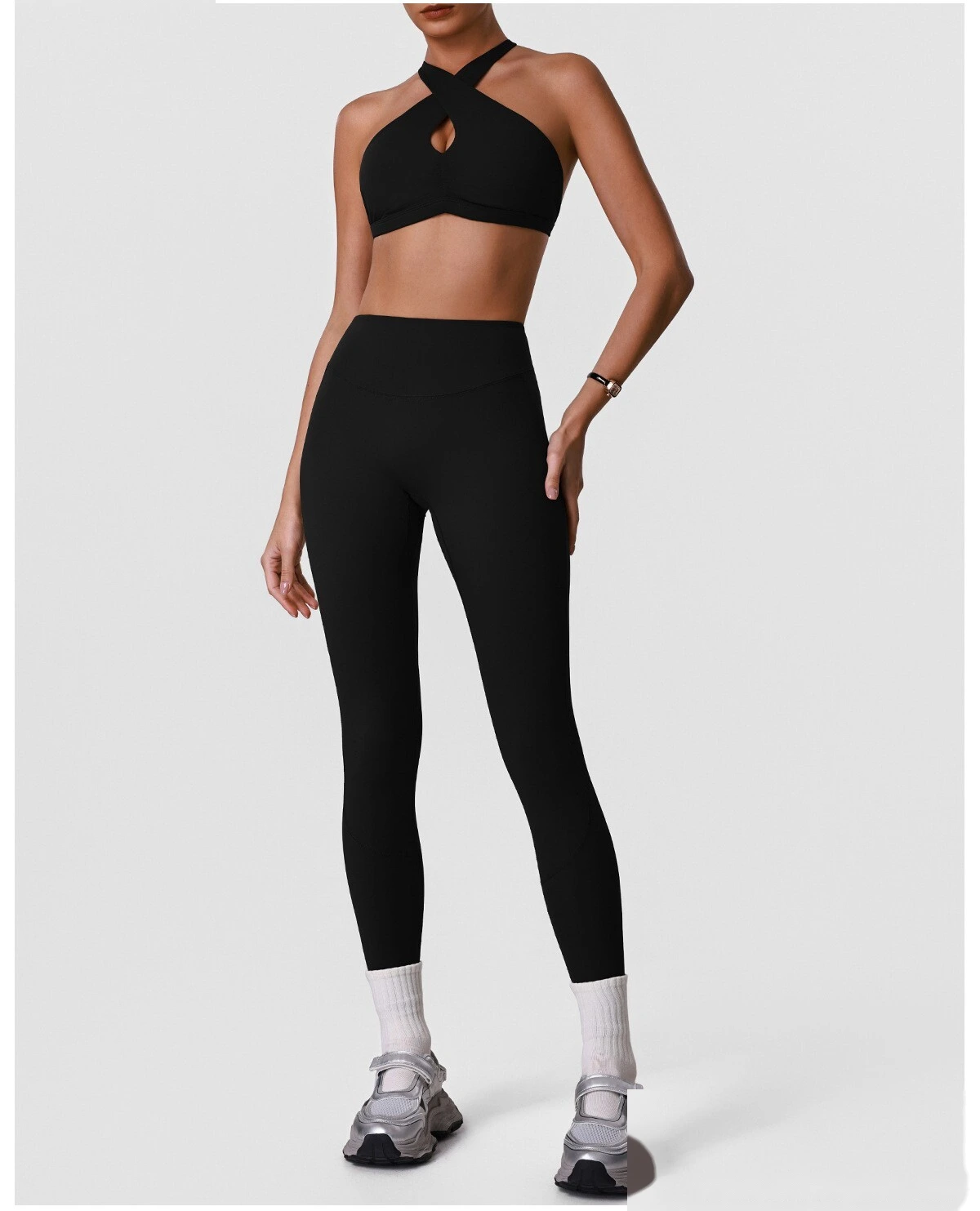 Women's Custom Halter Backless Sports Bra & High Waist Yoga Leggings Set Fitness Workout Tracksuit detail