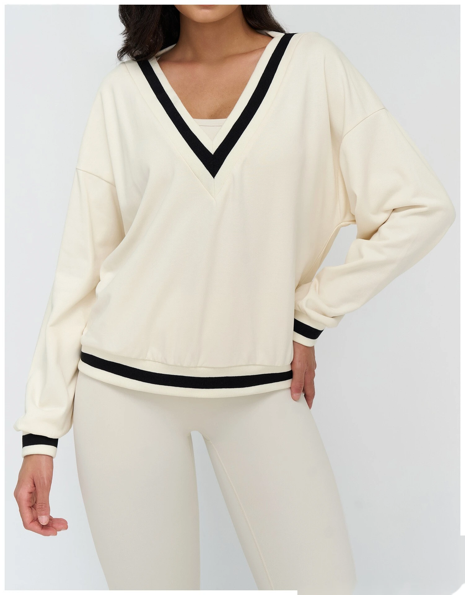 Bulk Custom V-Neck Casual Hoodie - Color Block Loose Fit Outdoor Sports Running Sweatshirt detail