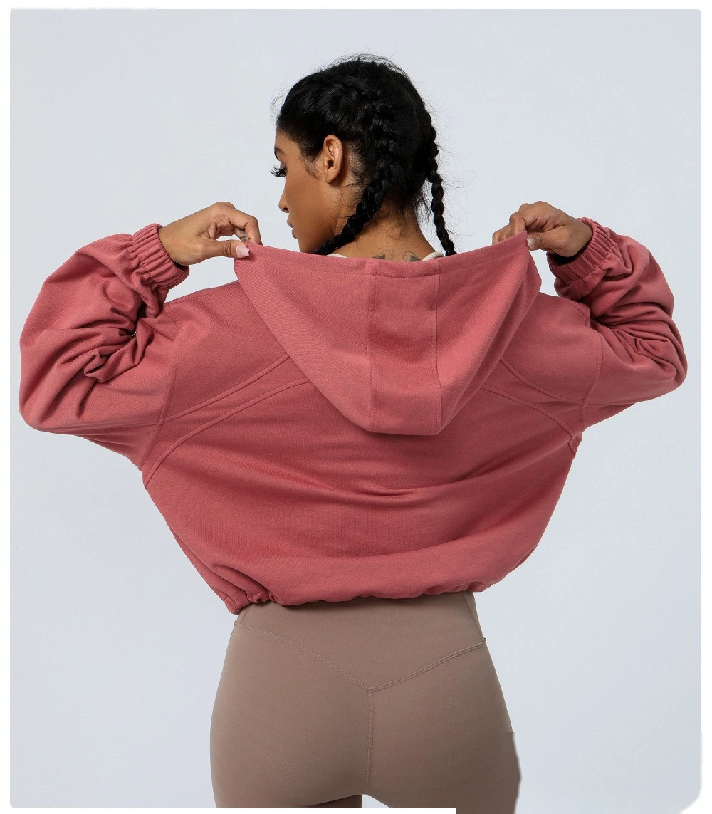 Custom hooded zipper loose yoga fitness jacket women's outdoor running coat long sleeve sweater detail