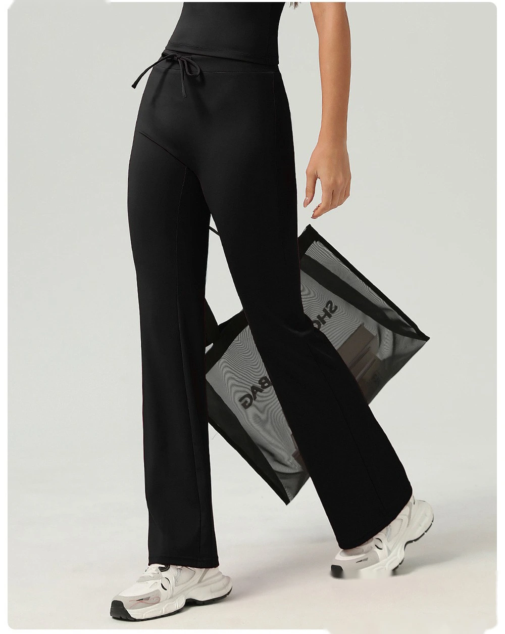 Hip-lifting yoga bell-bottoms fitness exercise wide-leg micro-pants high waist drawstring quick-drying yoga pants detail