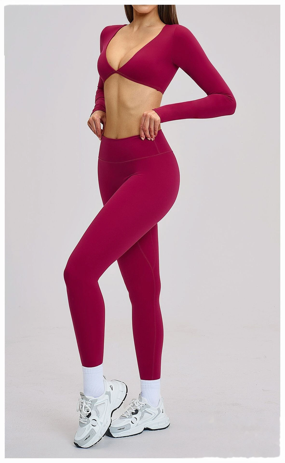 Women’s Custom Long Sleeve V-Neck Cropped Yoga Top Outdoor Fitness Workout Running Active Set detail