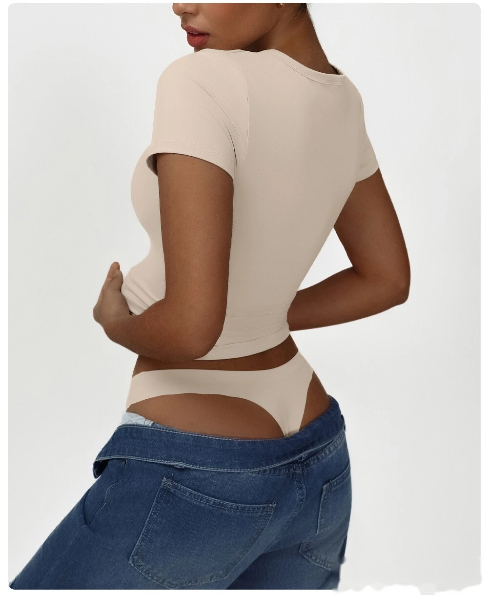 Custom tight fashion casual sports T-shirt small V-neck sexy high-elastic yoga clothes short-sleeved shirt detail