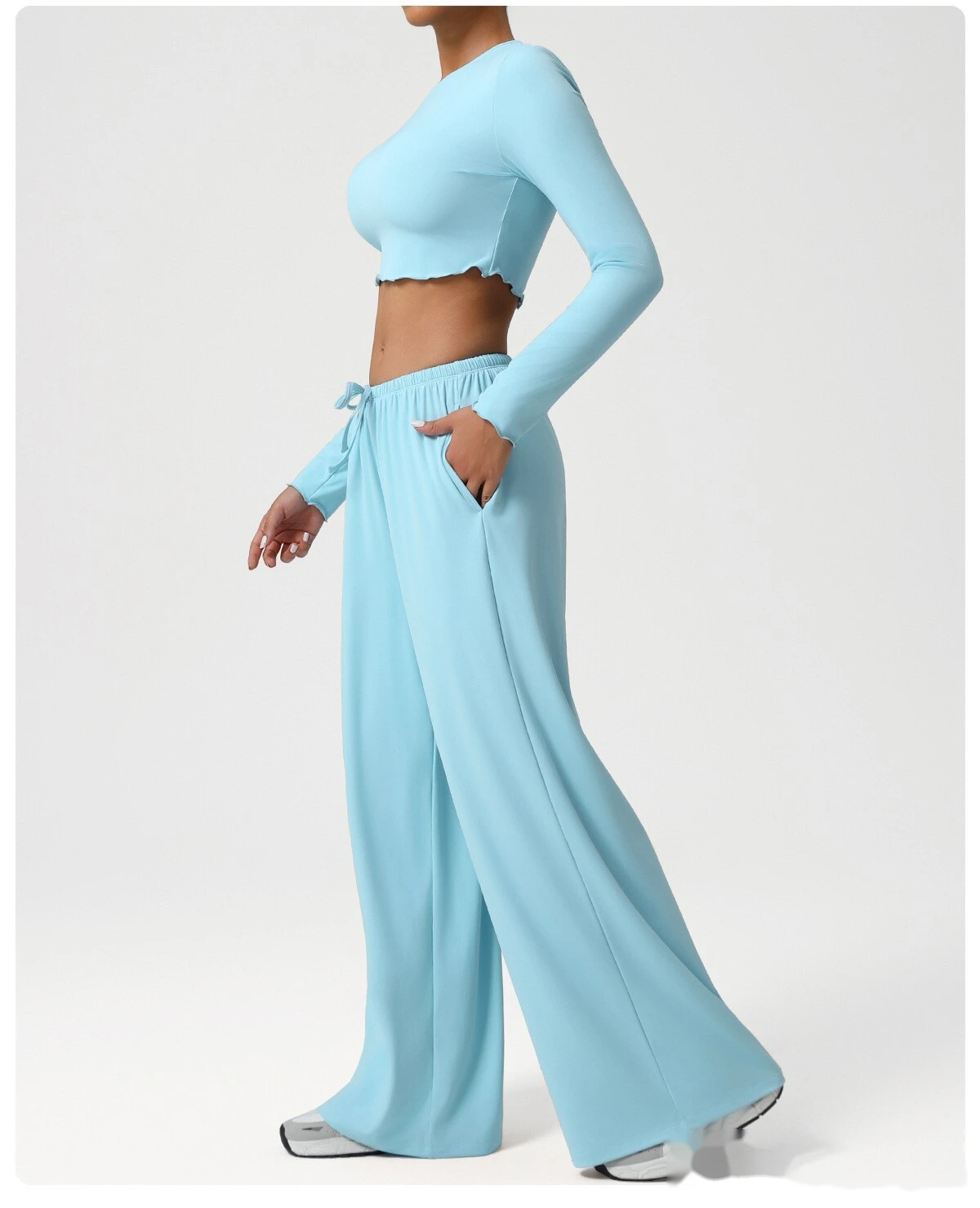 Custom wide-leg women's sweatpants loose low waist fitness pants elastic leisure yoga belt pocket detail