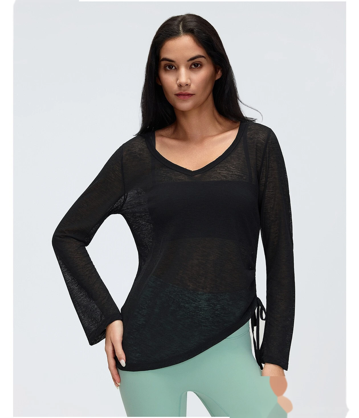 Women’s V-Neck Long Sleeve Yoga Shirt Drawstring Waist Slim Fit Casual Sports Tee Loose Cover Up detail