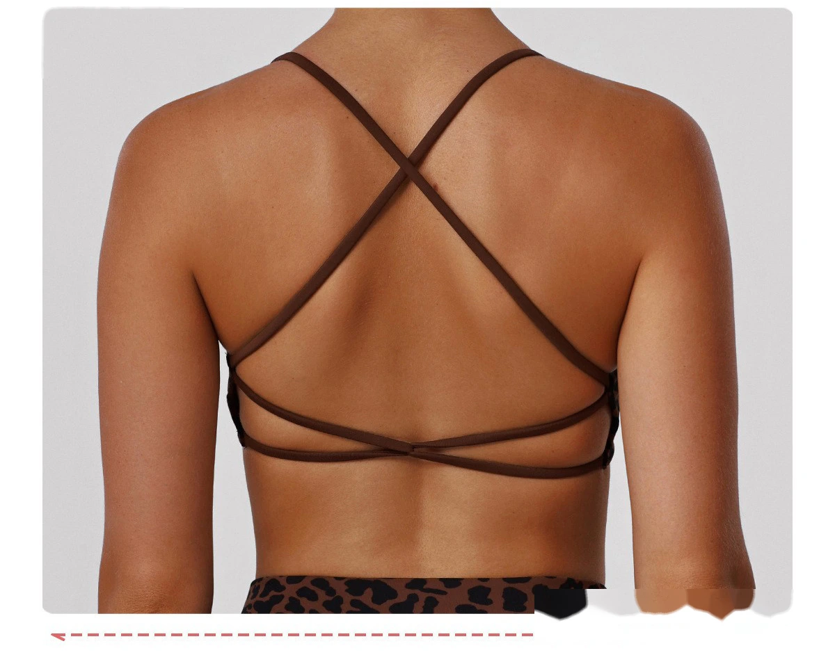Bulk Custom Padded Leopard Sports Bra - Thin-Strap Criss-Cross Back High-Support Workout Yoga Bra detail