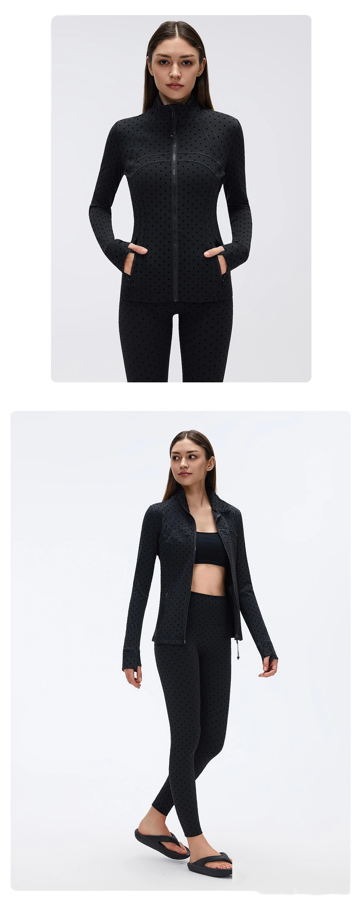 Bulk Custom Yoga Sports Set - Polka Dot Tummy Control Leggings & Slimming Stand Collar Workout Jacket detail